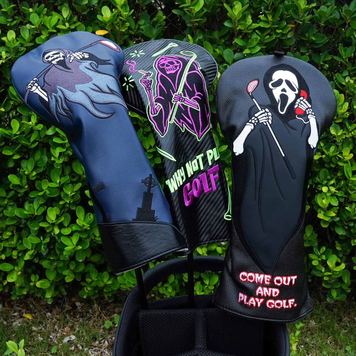 Golf Headcovers - Funny Golf Club Covers - Tour Grade PU Leather - Golf Driver Headcover, Waterproof, Soft Lining Golf Gift Birthday Gifts Grim Reaper Death Golf image number 2