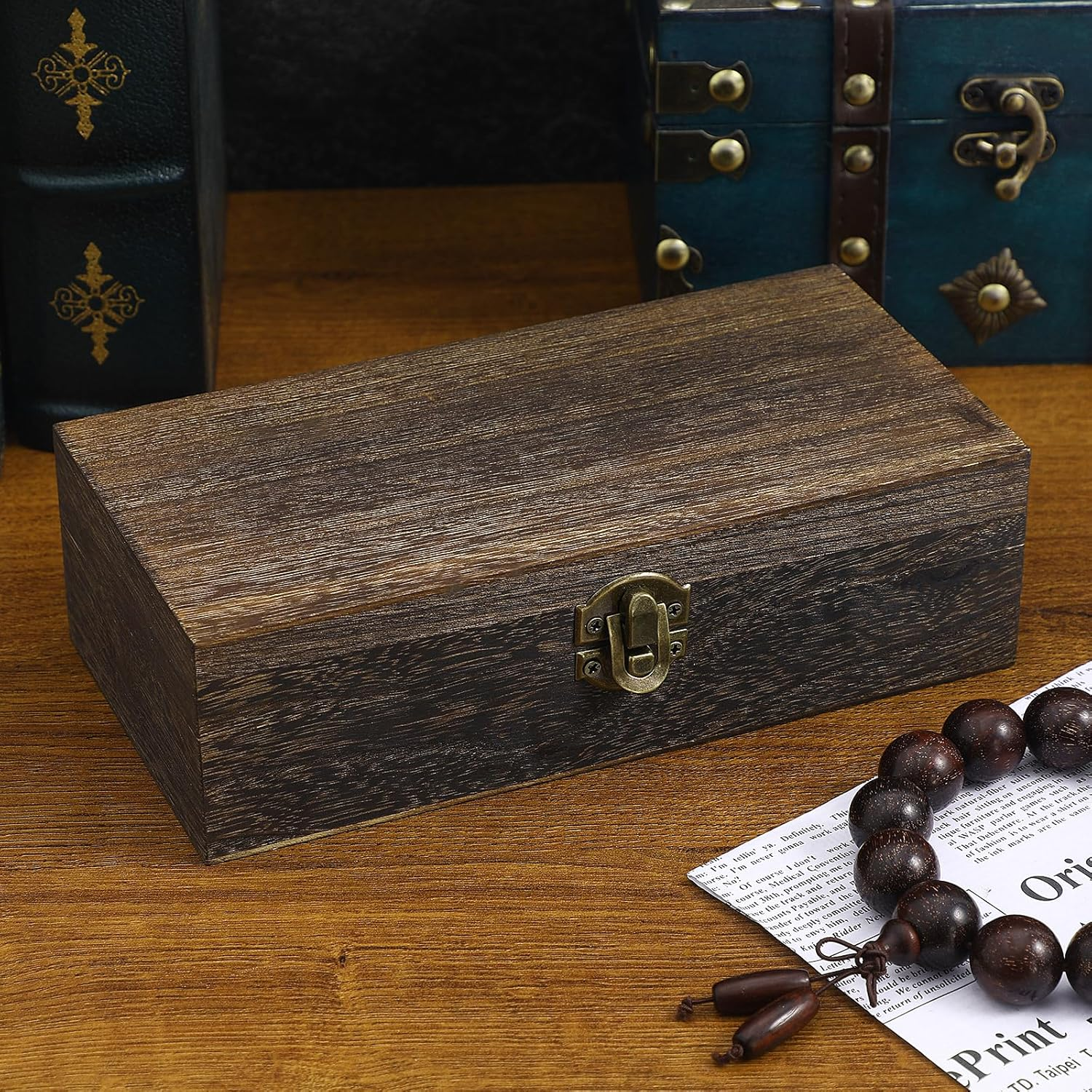 TEHAUX Rectangular Vintage Wooden Jewelry Box for Storage Decorative Keepsake Organizer for Rings Bracelets and Small Treasures 8.06 X 4.13 X 2.55 Inch image number 4