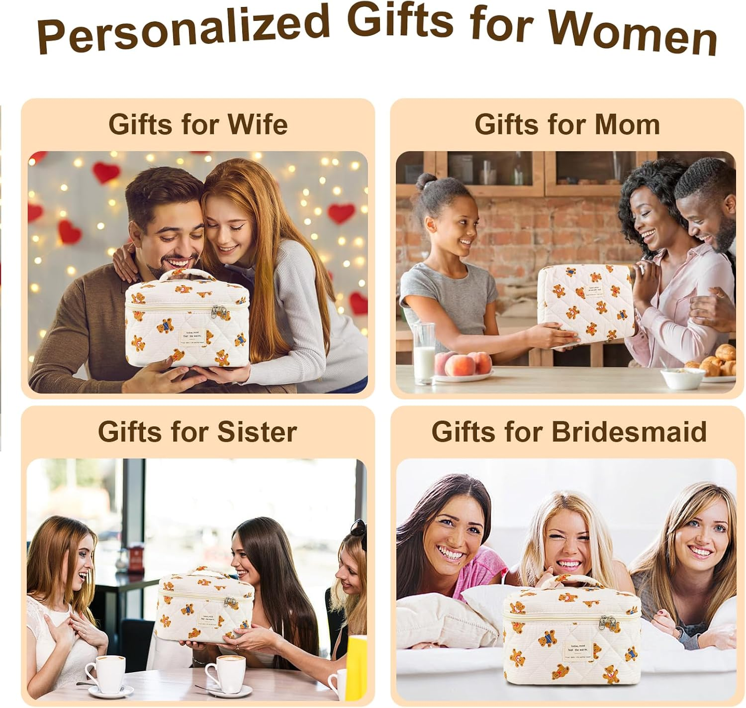 3Pcs Makeup Bag Cotton Quilted Travel Cosmetic Bag Cute Floral Makeup Pouch Large Toiletry Bag for Women Girls, Bear A, Daily - Bow-Blue image number 6