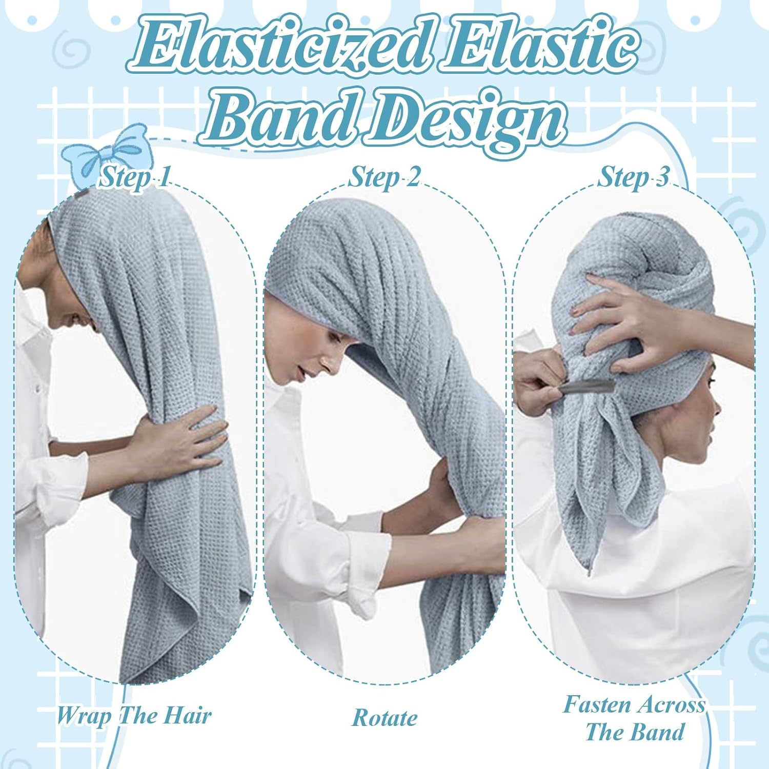 Pack of 2 Microfibre Hair Towels, 100 X 60 Cm, Hair Turban with Elastic Band, Microfibre Towel Hair, Quick Drying, Hair Turban Microfibre for Long Hair, Curly Hair, Thick (Grey)