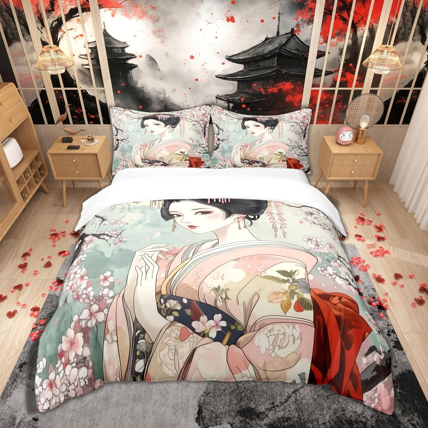 Homemissing Kids Japan Geisha Bedding Set Single Size Boys Girls Cherry Blossoms Comforter Cover Set Japanese Style Duvet Cover Japanese Tradition Aesthetic Bedspread Cover (No Comforter)