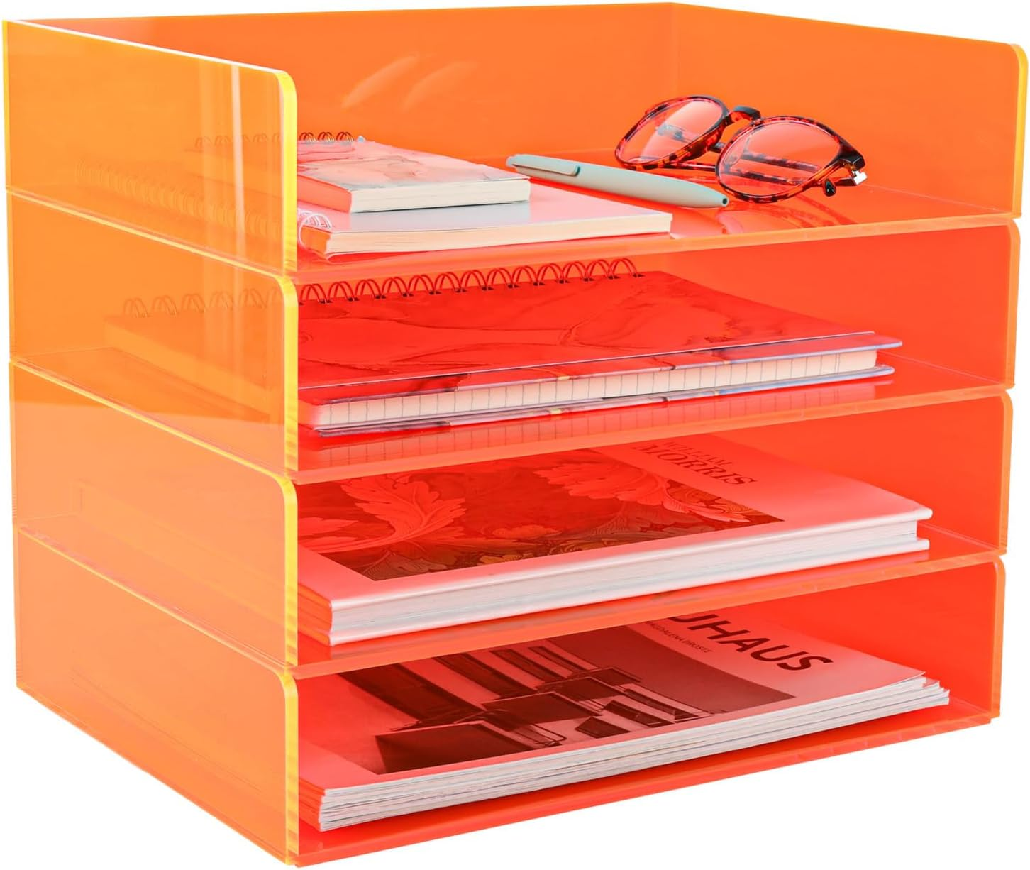 Gelite Acrylic File Organizer for Desk 4 Tiered Stackable Letter Tray Office Paper Storage Desktop Document Sorter, Neon Orange - Neon Green image number 5