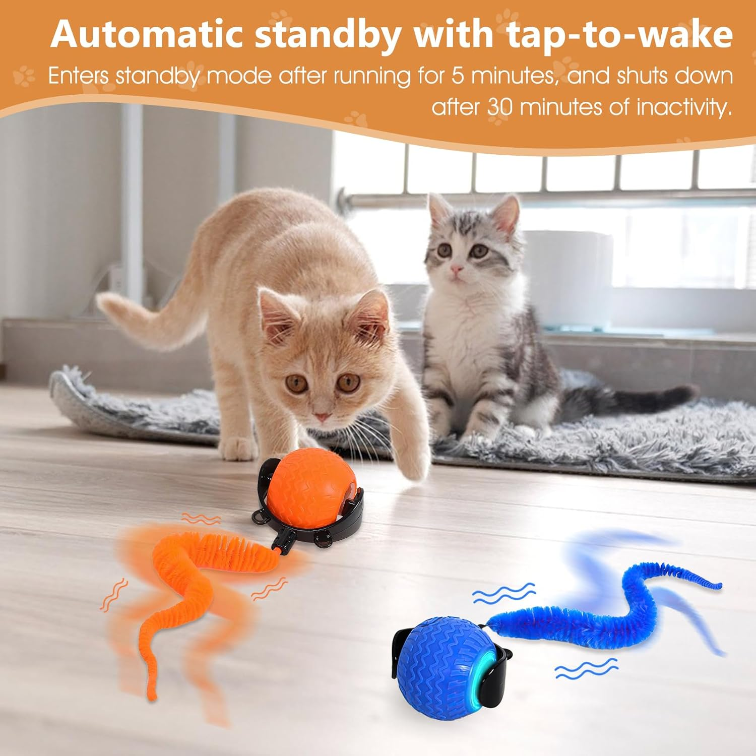 2Pcs Interactive Cat Toy for Indoor Cats, Speedy Ball with Tail, Automatic Moving Cat Balls for Bored Indoor Adult Cats, 360&deg;Automatic Rolling Ball Toy, Two Speed Adjustment（Orange&Blue） image number 3