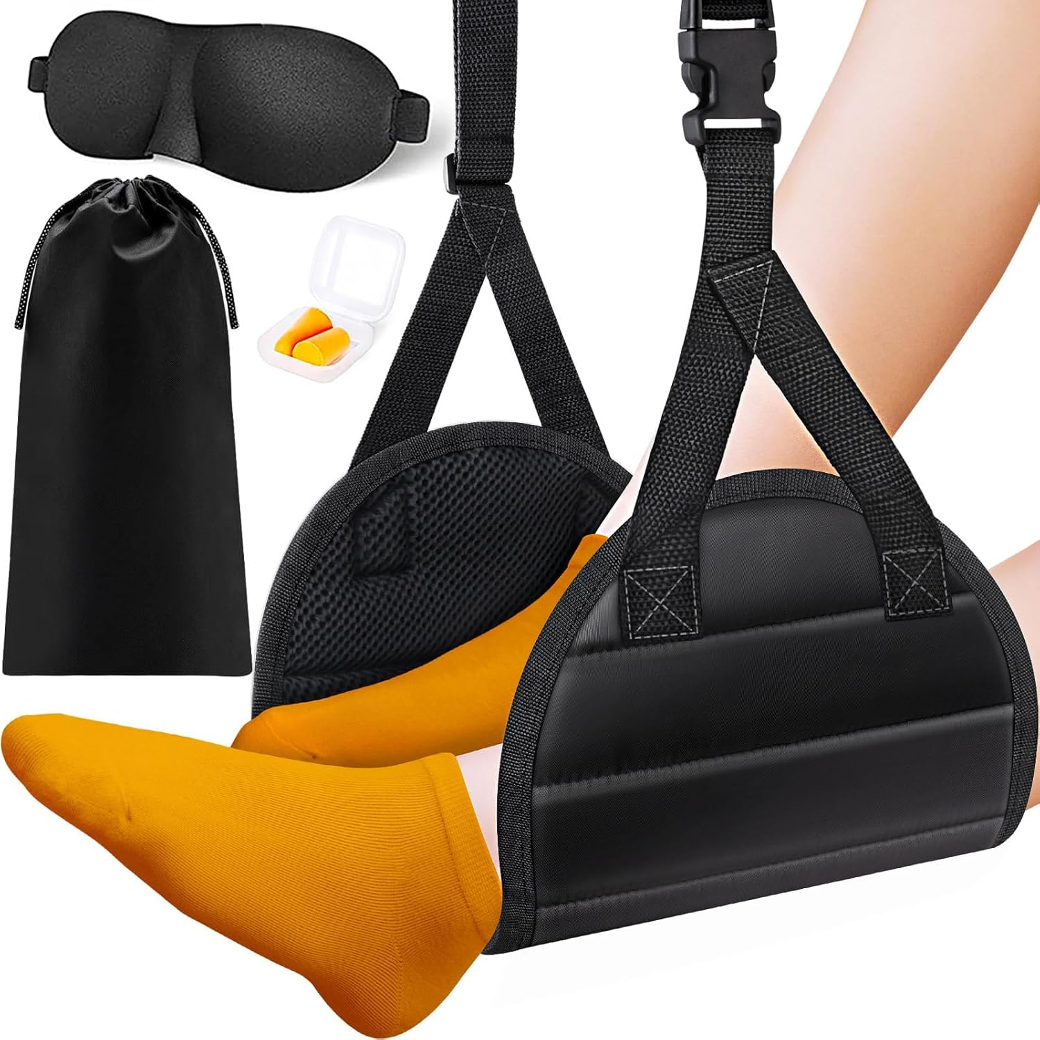Airplane Foot Hammock (Memory Foam) - Perfect Airplane Footrest to Relax Your Feet | Foot Hammock for Travel & Desk Use, Travel Essentials with Eye Mask and Earplugs image number 3