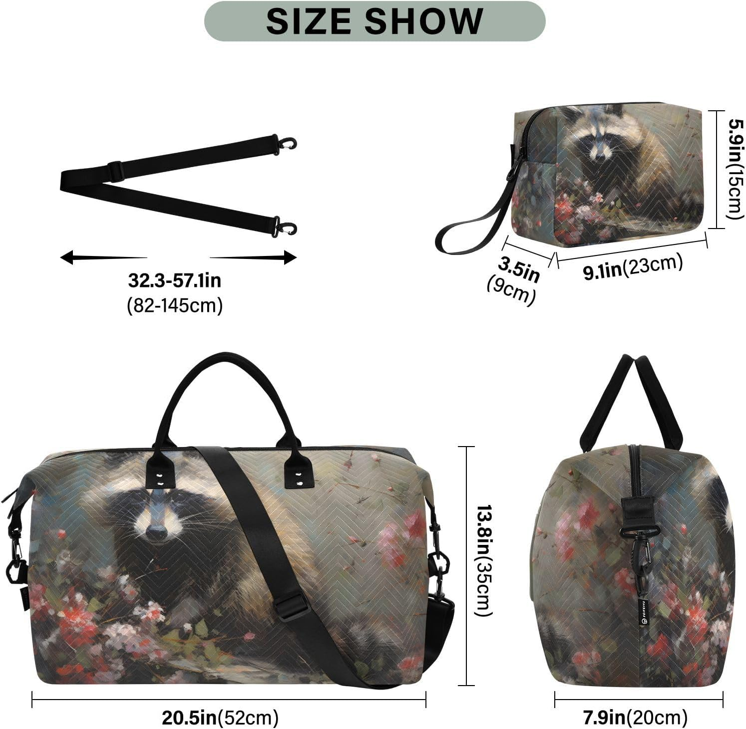 WOIWB Duffel Bag Set with Toiletry Bag for Travel Gym Sport, Luggage Sleeve Weekender Bag Carry on Overnight Bag-Paint of Raccoon Print, Multicolor, 20.5 X 7.9 X 13.8 Inches+9.1 X 3.5 X 5.9 Inches image number 3