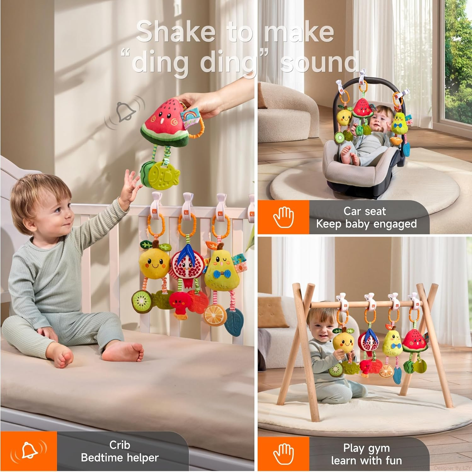 TUMAMA Baby Hanging Rattle Toys 4 Pack Fruit Soft Sensory Set for Car Seat Stroller Mobile 0 3 6 9 12+ Months