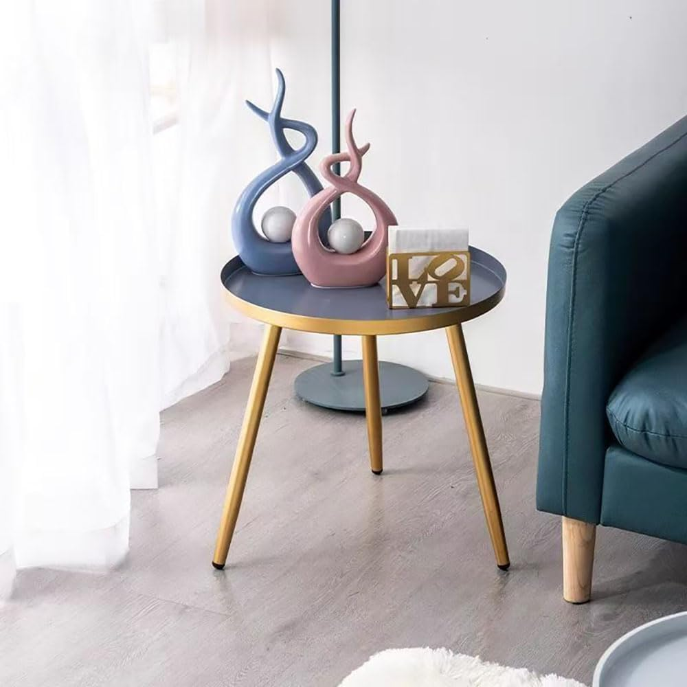 Hbluefat round Side Table, Metal Tray Nightstand Coffee End Table for Home Office, Living Room, Bedroom, Small Spaces, Easy Assembly Modern Bedside Table (Gold+Grey) image number 2