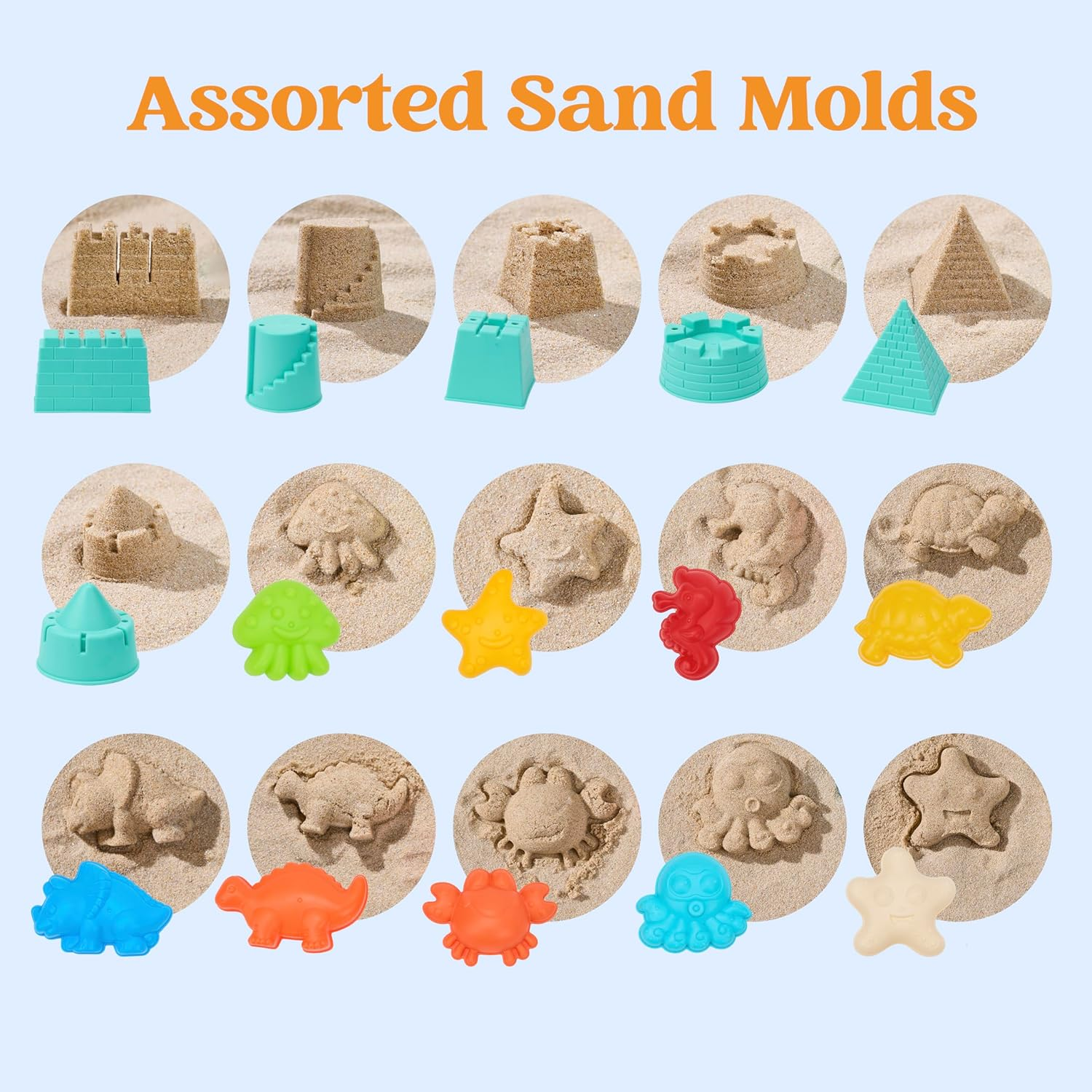 Sloosh Beach Sand Toys Set - Dump Truck Car Toy with Sand Molds for Toddlers Outdoor Play, Collapsible Foldable Buckets Mesh Bag Shovels Castle Animal Mold Sets, Kids Ages Sandbox Toys (Animals) image number 3
