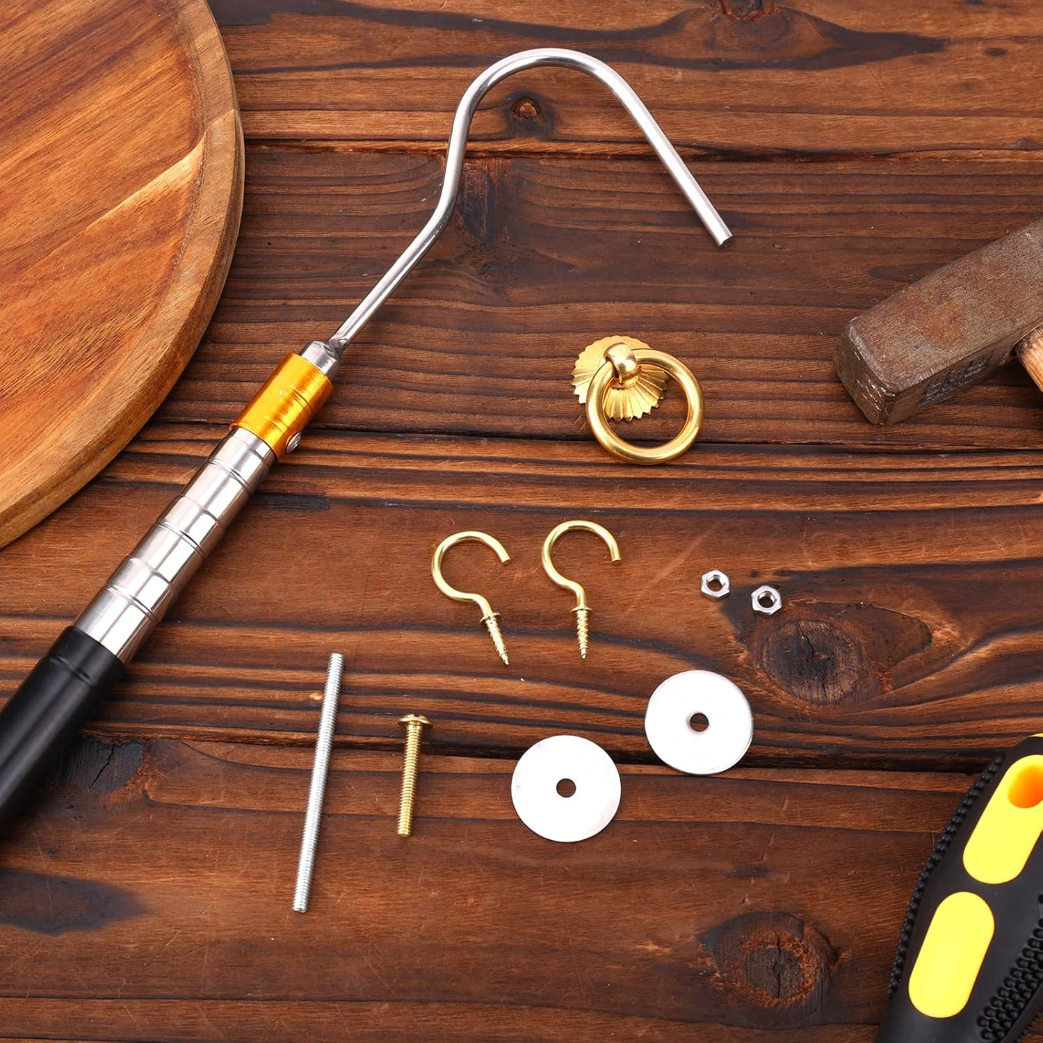 Ladder Pull down System Kit, Practical Attic Ladder Pull down System Kit with up to 64In Retractable Tie Rod with Hook M4 Screw Screw Nut Attic Ladder Tools and Accessories image number 2