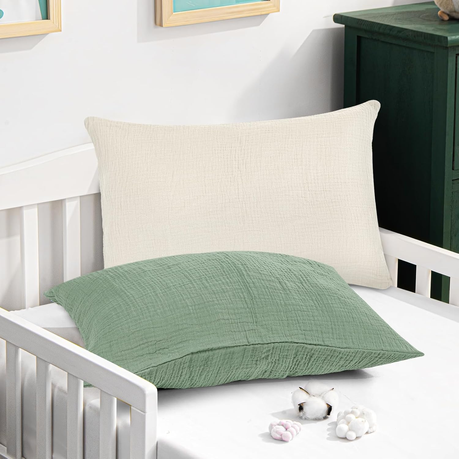 Muslin Toddler Pillowcase for 13 X 18 Pillow, 2 Pack Small Travel Pillow Cases Covers with Envelope Closure, Soft & Breathable Kids Pillowcase for Girls Boys, Apricot & Green - Grey + Green image number 5