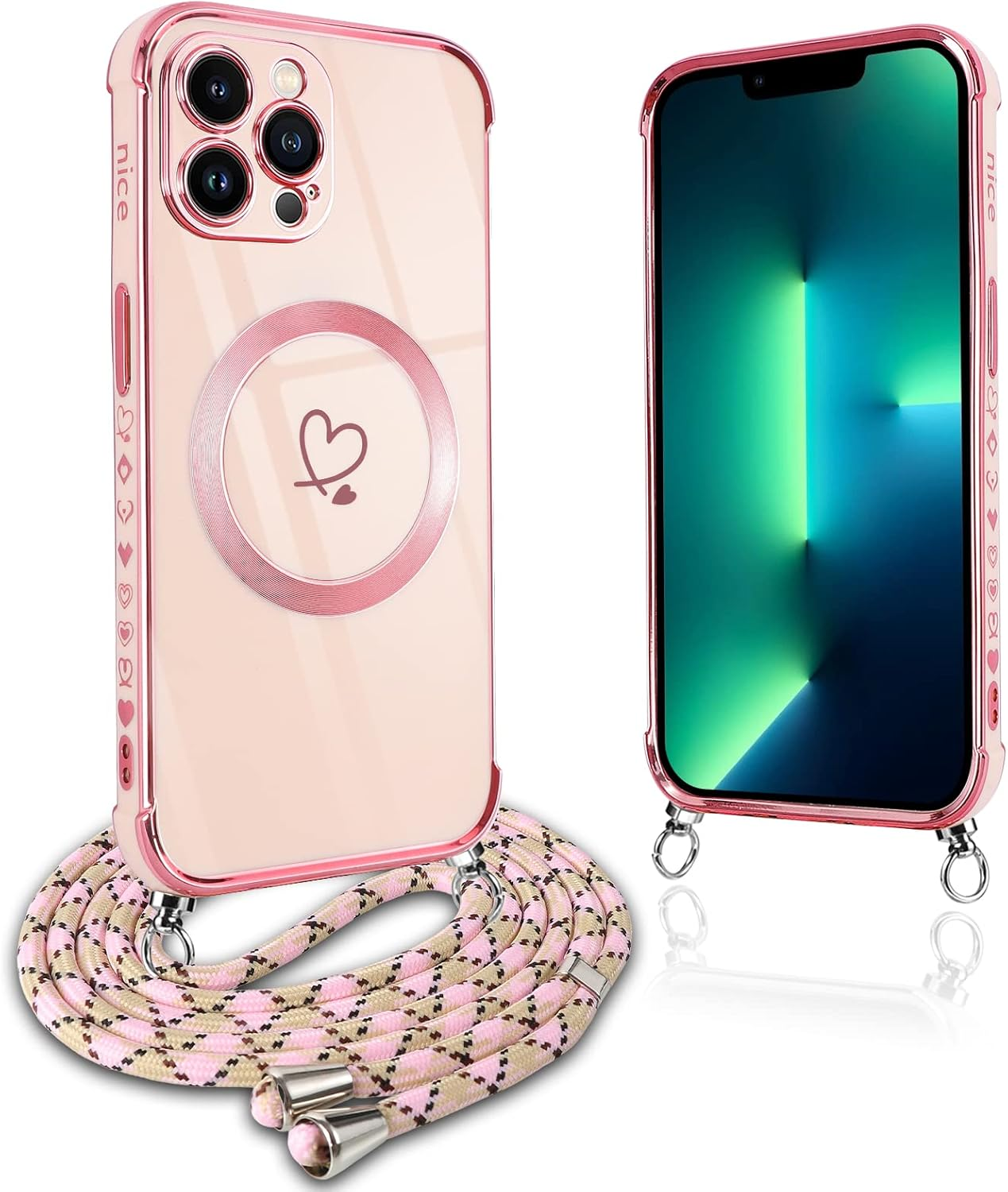Pnakqil Mobile Phone Chain for Iphone 13 Pro Max Case with Strap, Compatible with Magsafe, Mobile Phone Case Ultra Thin Silicone Magnetic with Heart Love Pattern Protective Case with Cord for Iphone 13Pro Max 6.7 Inches, Pink
