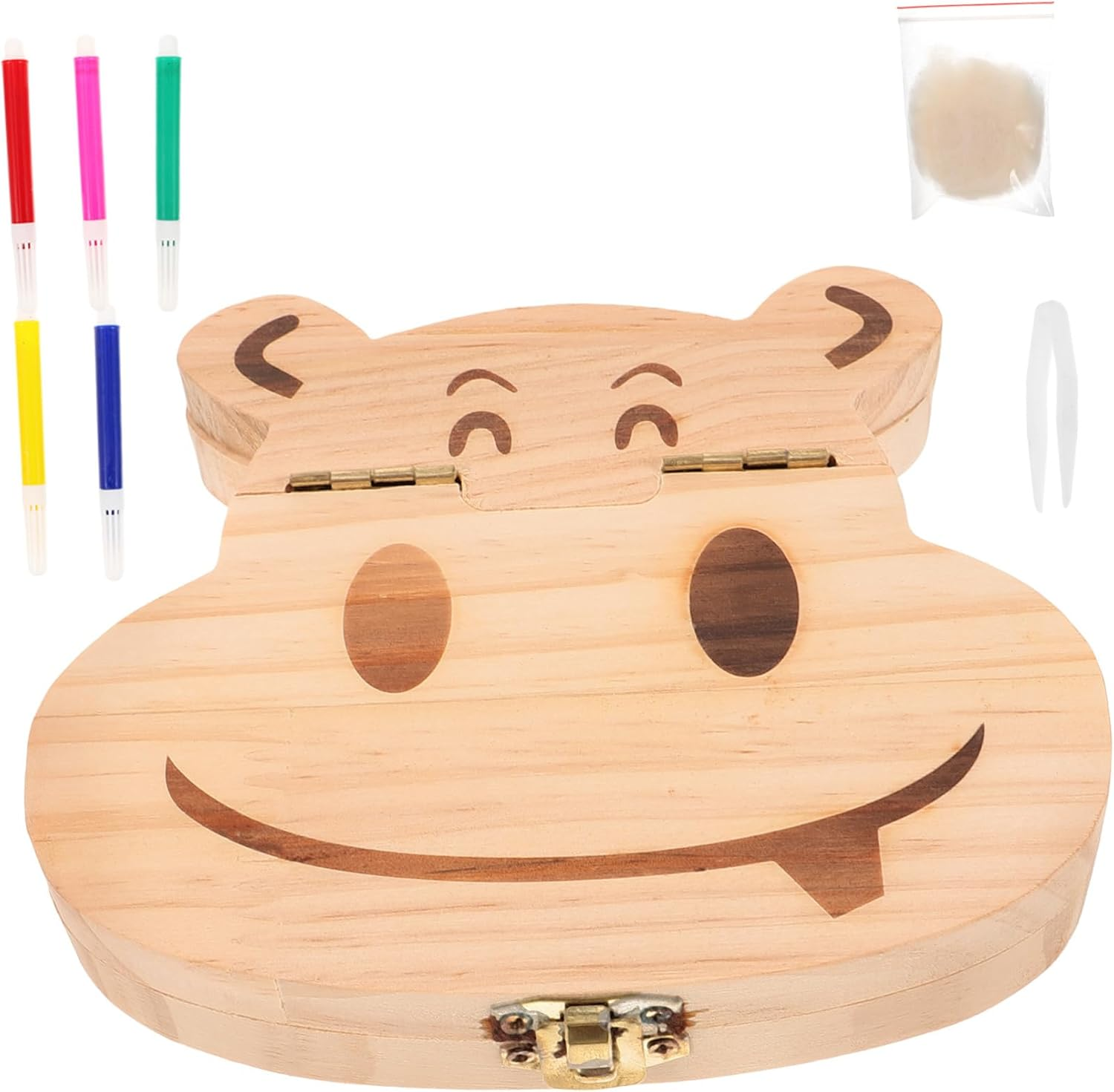 Vaguelly Baby Teeth Keepsake Box Wooden Organizer Small Cartoon Hippo Design Boys and Girls Tooth Holder Souvenir Storage Container for Newborns and Children image number 5