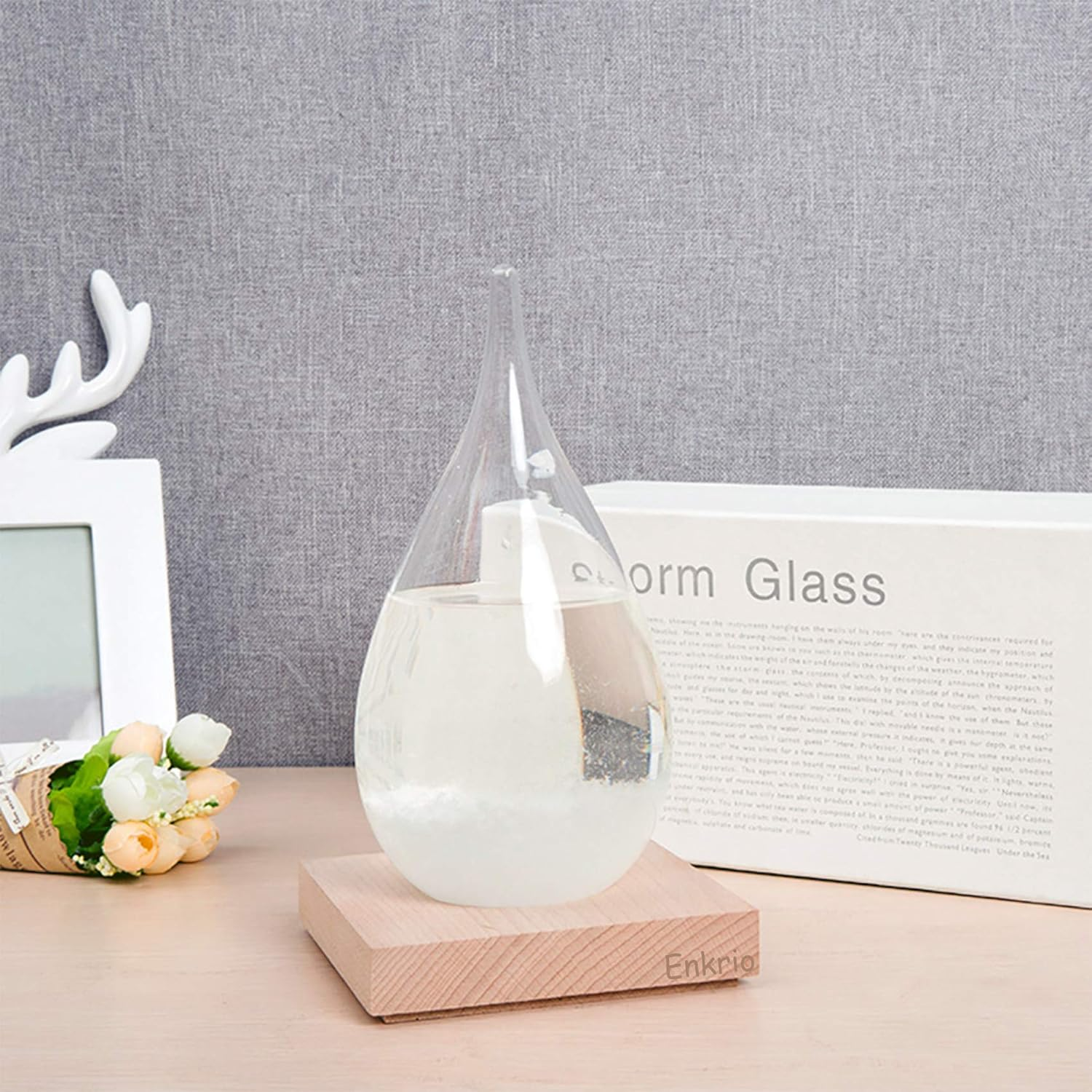 Enkrio Storm Glass Weather Predictor, Weather Station Weather Forecaster with Wood Base, Creative Crystal Glass Bottle for Home & Office Decoration (S) image number 6