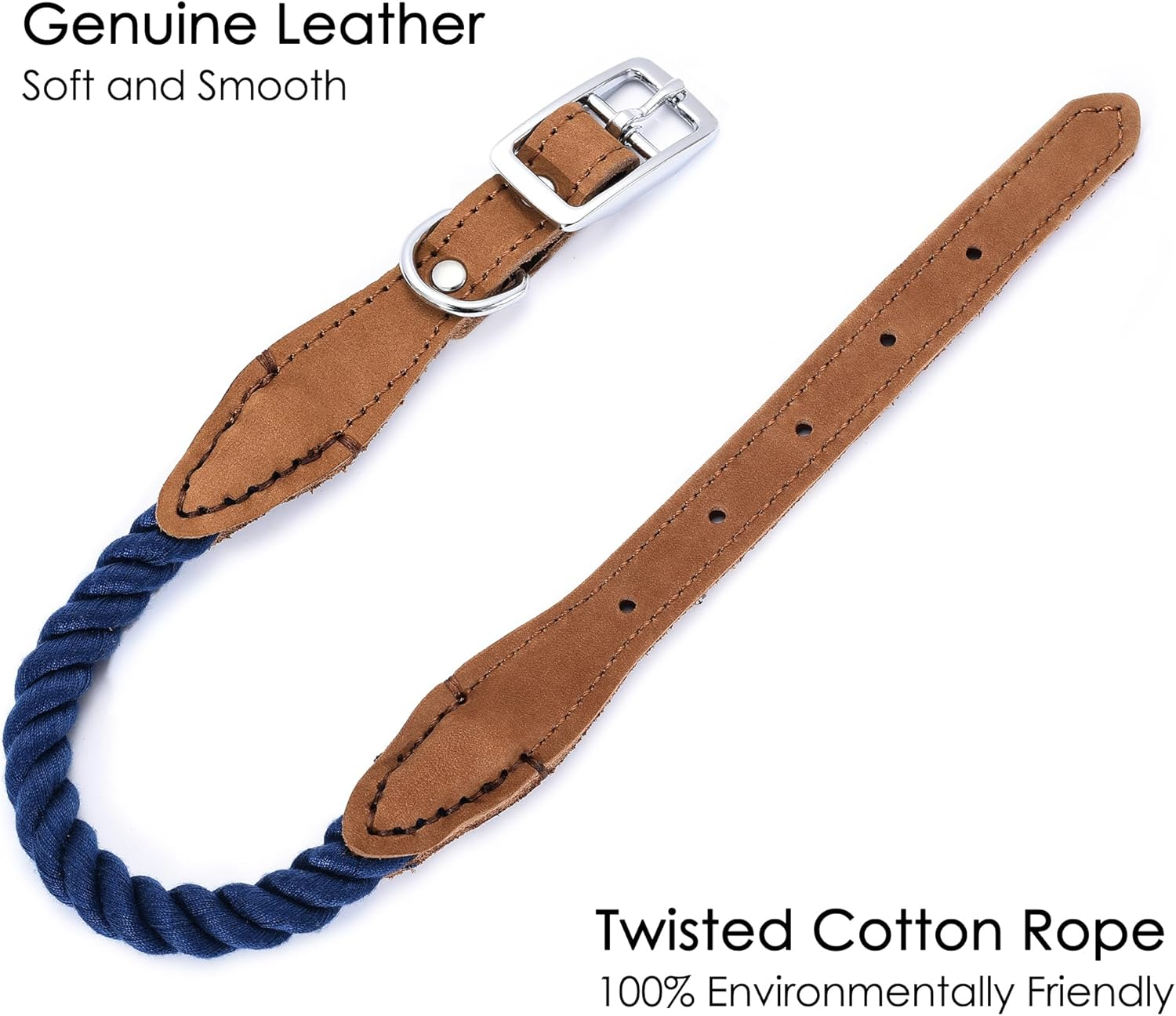 Mile High Life Premium Cotton Rope Dog Collar Made of Genuine Leather Stainless Steel Buckle Ring (M, Navy) image number 5