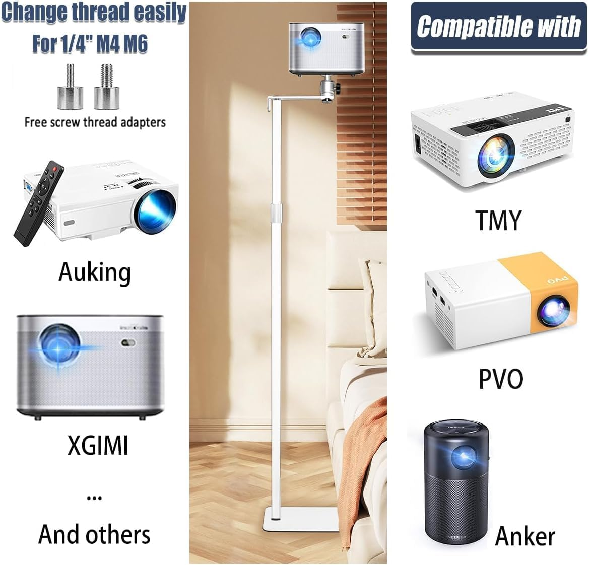 2-Be-Best Projector Mount Stand Upgraded Large Ball Head Projector Floor Stand Adjustable Height 36-63In / 92-162Cm Universal Projector Stand for Bed Sofa Compatible with HAPPRUN Anker XGIMI White - Black image number 3