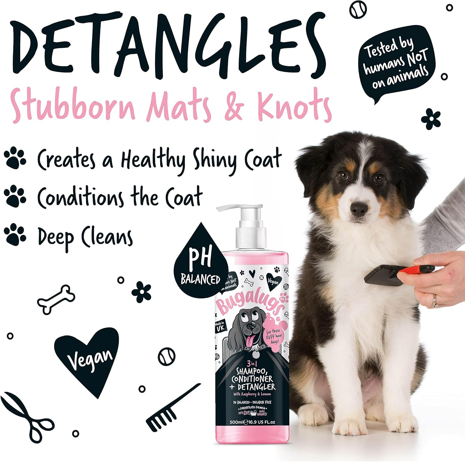 BUGALUGS Dog Shampoo 3 in 1 Shampoo, Conditioner & Detangler - Raspberry & Lemon Dog Perfume Grooming Products for Smelly Dogs, Best Dog Coat Puppy Shampoo, Pet Accessories (Shampoo 500Ml) image number 6