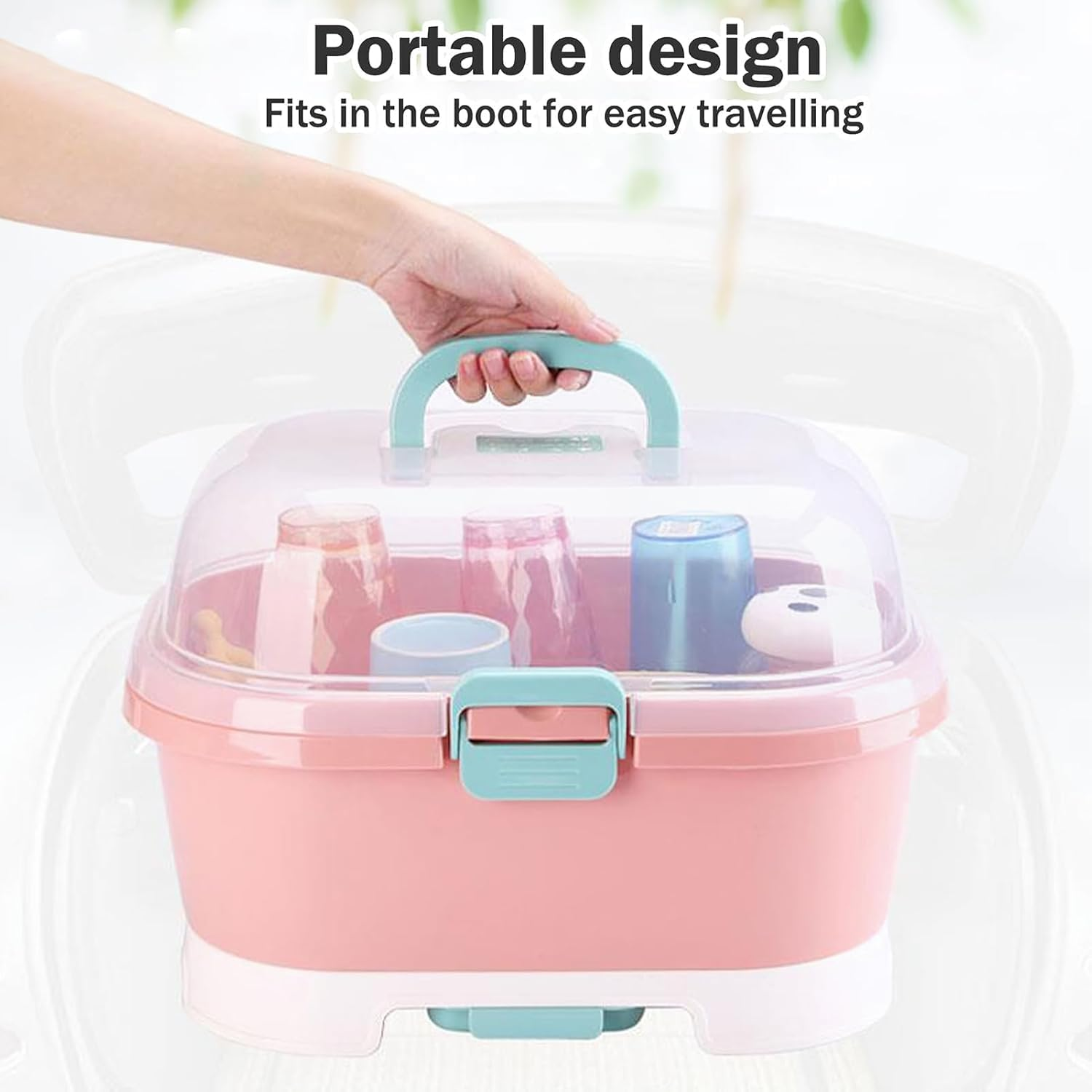 Baby Bottle Holder, Portable Large Capacity Toddler Bottles Storage Box with Lid Cover Anti-Dust Protection and Cutlery Storage Baby Bottle Drying Rack for Baby at Home Kitchen Travel Outdoors (Pink) image number 3