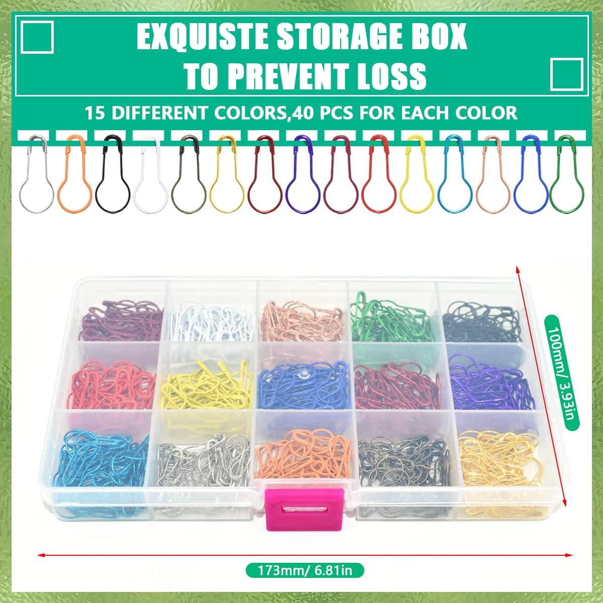 600Pcs Gourd Safety Bulb Pins 15 Colors Metal Crochet Stitch Markers Pear Shape Knitting Pins for Crocheting Clothing Tag DIY Craft Project with Storage Box image number 1