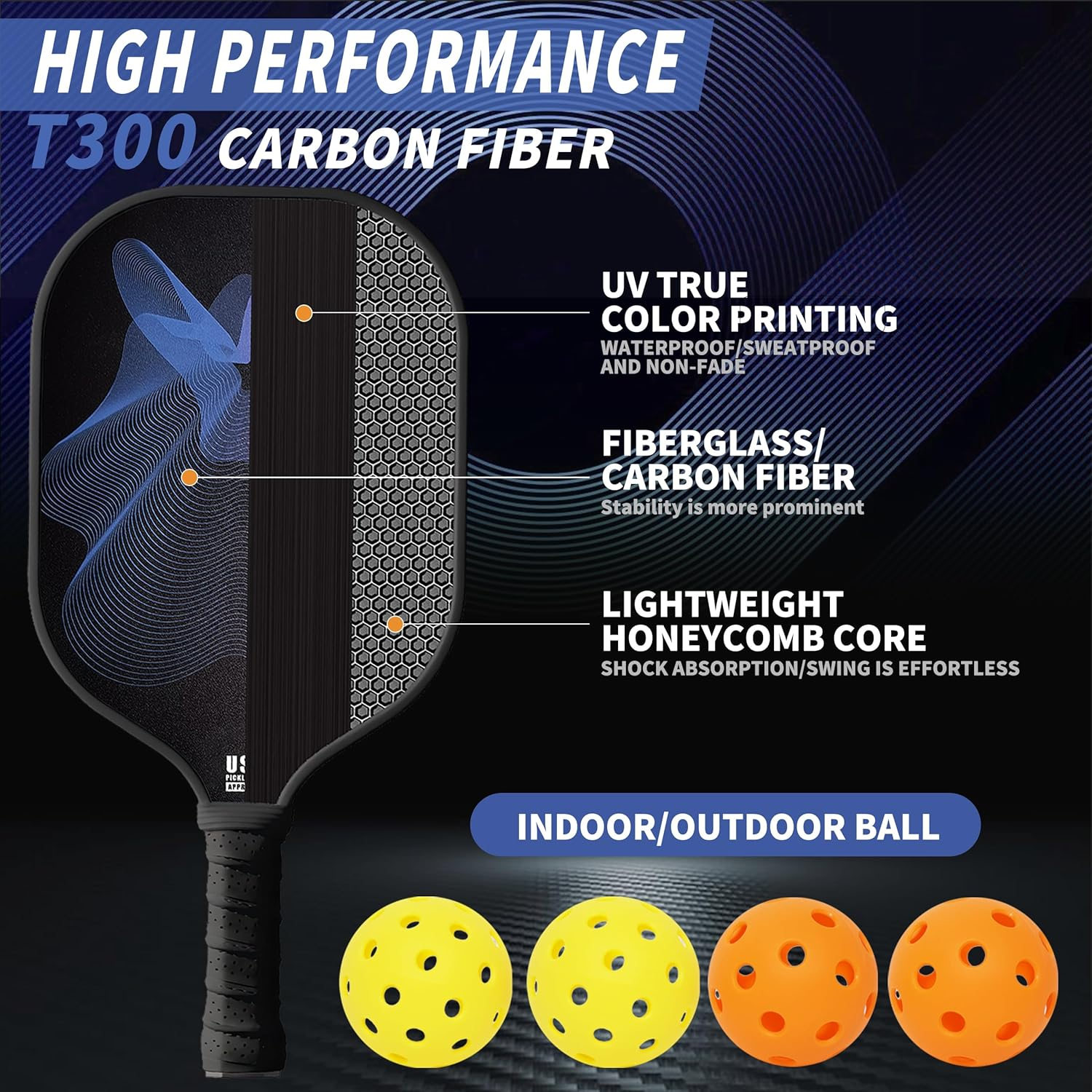 Pickleball Paddles, USAPA Approved Carbon Fiber T300 Surface, Men'S and Women'S Pickleball Pad Set image number 6