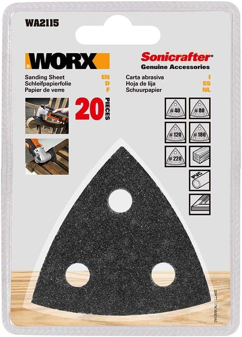 WORX WA2115 4 Sheets of 40, 80, 120, 180 and 220 Grit Sonicrafter Perforated Sanding Sheet Set (20 Pieces) image number 2