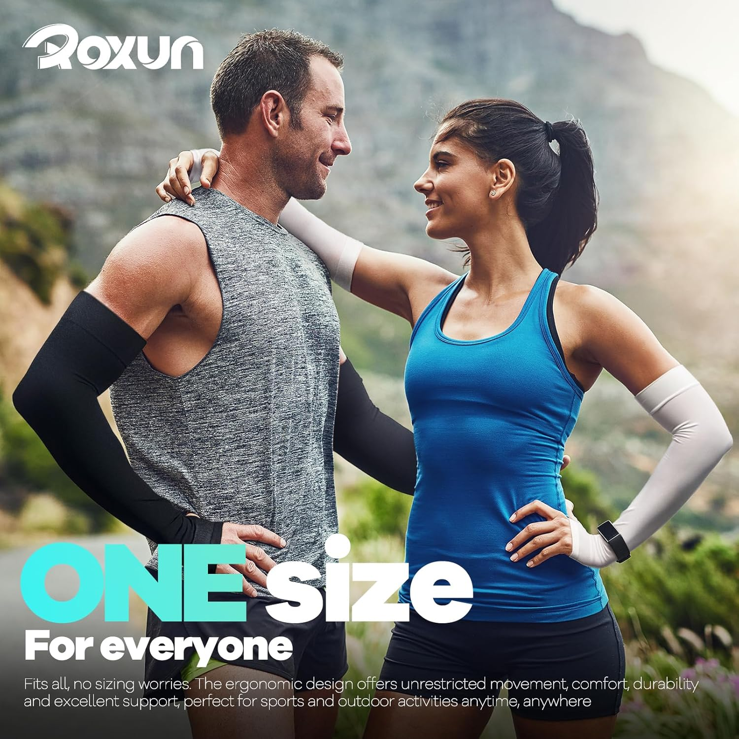 Arm Sleeves with Thumb Hole, UV Sun Protection Cooling Compression Cover Sports for Men/Women - 2 Pairs - Black+Blue image number 3