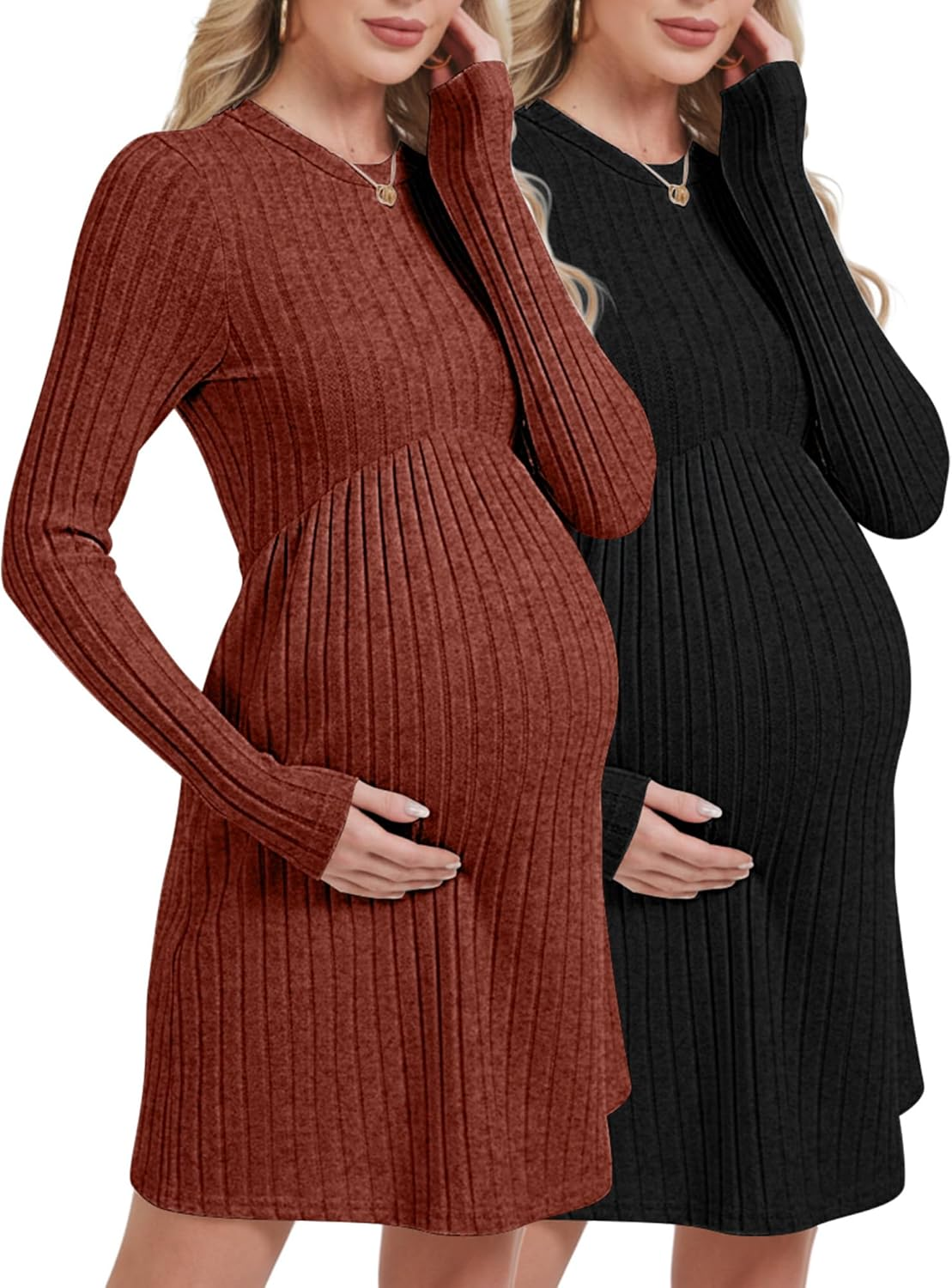 2 Pack Women Maternity Knit Sweater Dress Long Sleeve Casual Pregnancy Midi Dress Crew Neck Pleated Empire Waist