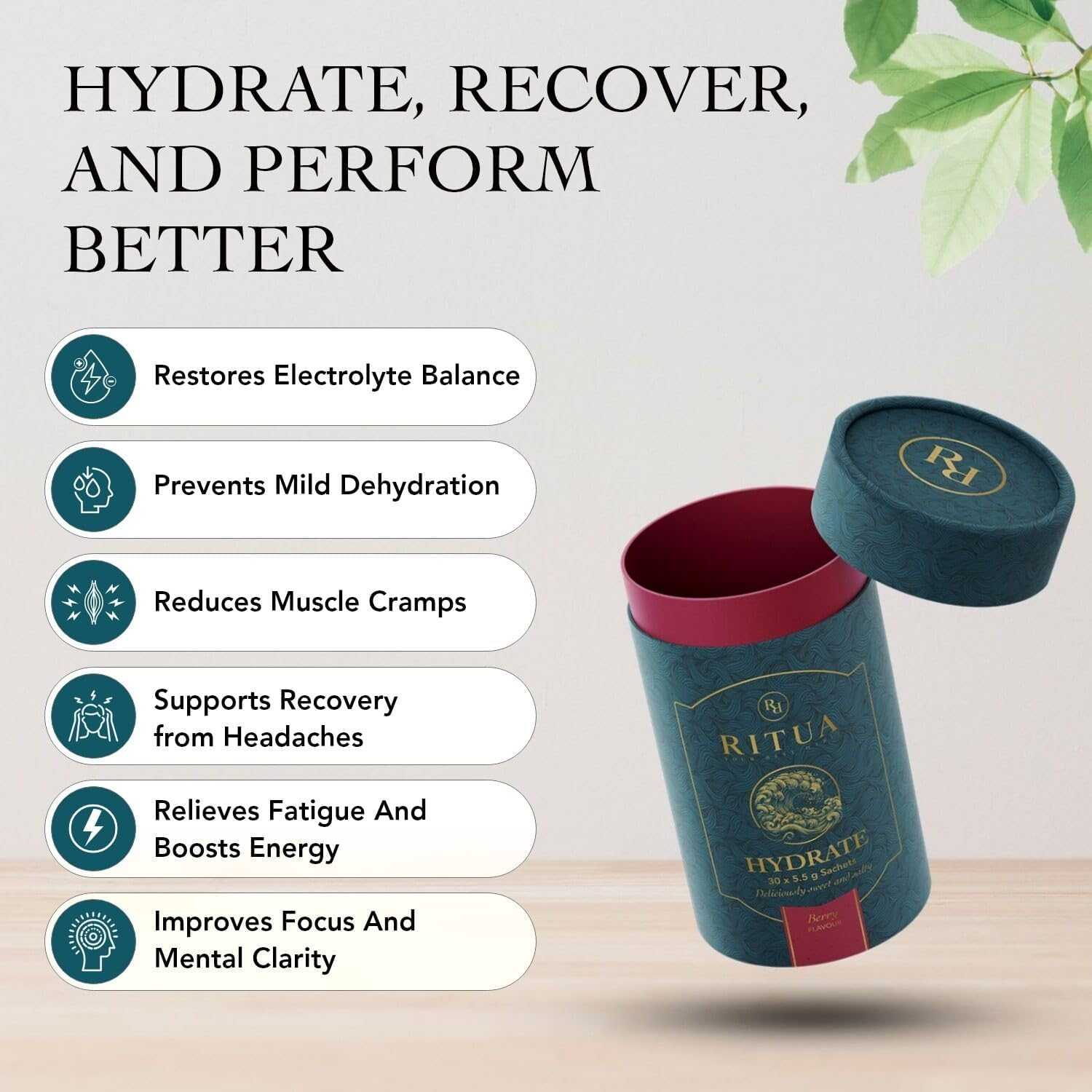 RITUA Zero Sugar HYDRATE Electrolyte Powder, Ideal Pre-Workout and Post-Workout Powder, Zero Carbs Energy Drink, 1000Mg Sodium per Serve, Natual Flavours and Sweeteners, 30 Sachets (30 Sachets, Berry) image number 3