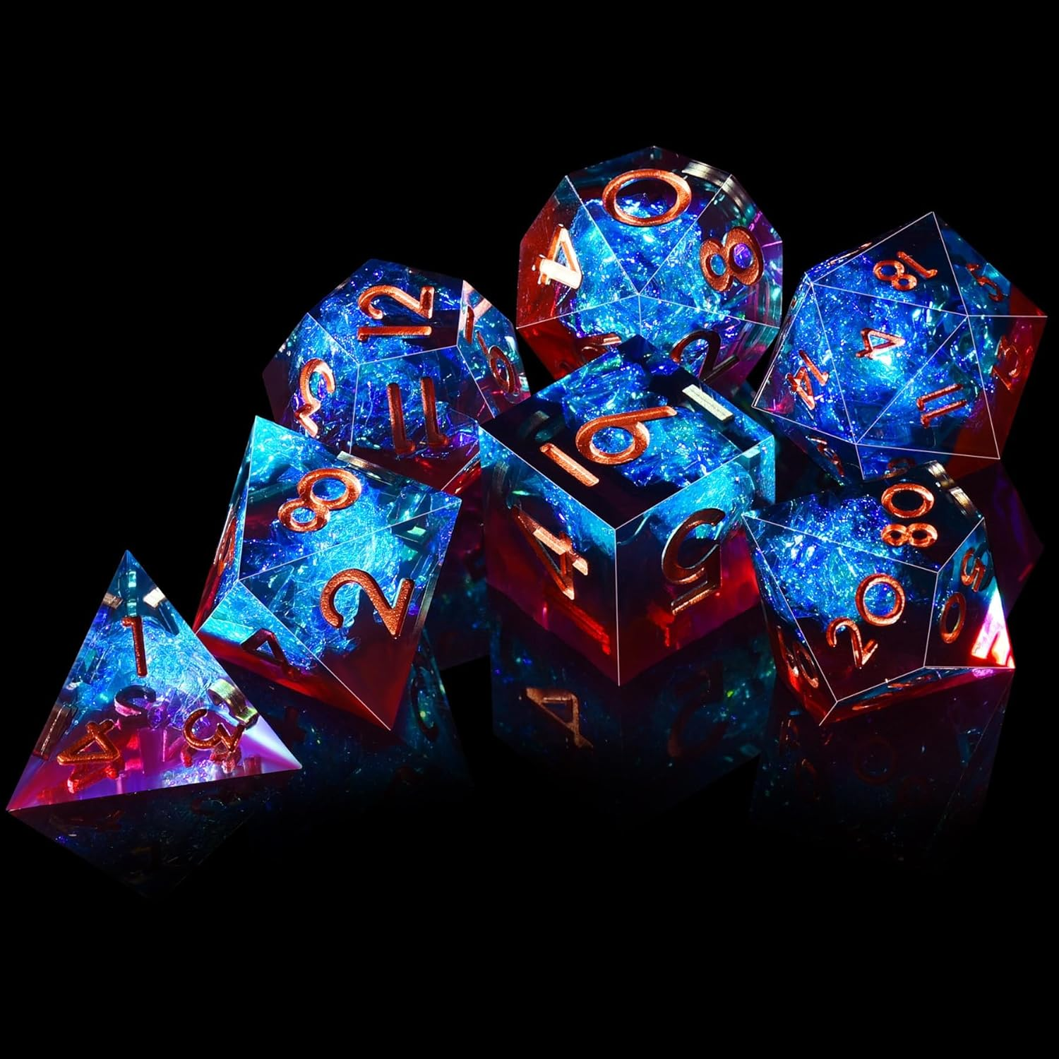 AUSTOR 7-Die DND Dice Set Handmade Sharp Edge Polyhedral Dice for Dungeons and Dragons RPG MTG Table Games（Flame Red & Ice Blue） - Black  Blue image number 3