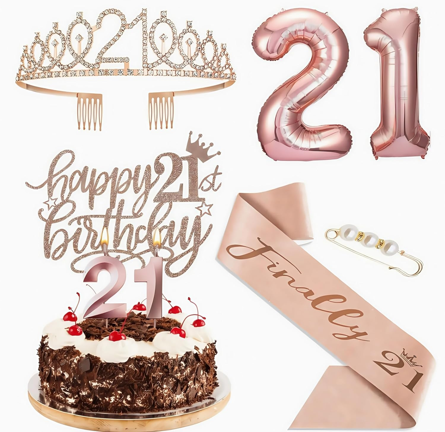 21St Birthday Party Decorations Set, Rose Gold Crown Tiara, Cake Topper, Sash and Number Balloons