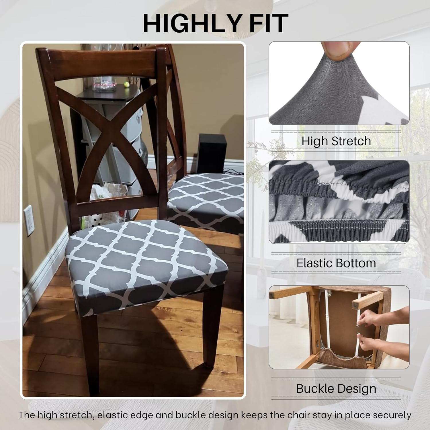 Searchi Stretch Dining Chair Seat Covers Set of 4, Soft Removable Washable Seat Covers for Dining Chairs, Dining Room Protector (Rear-Covered, Grey) image number 2