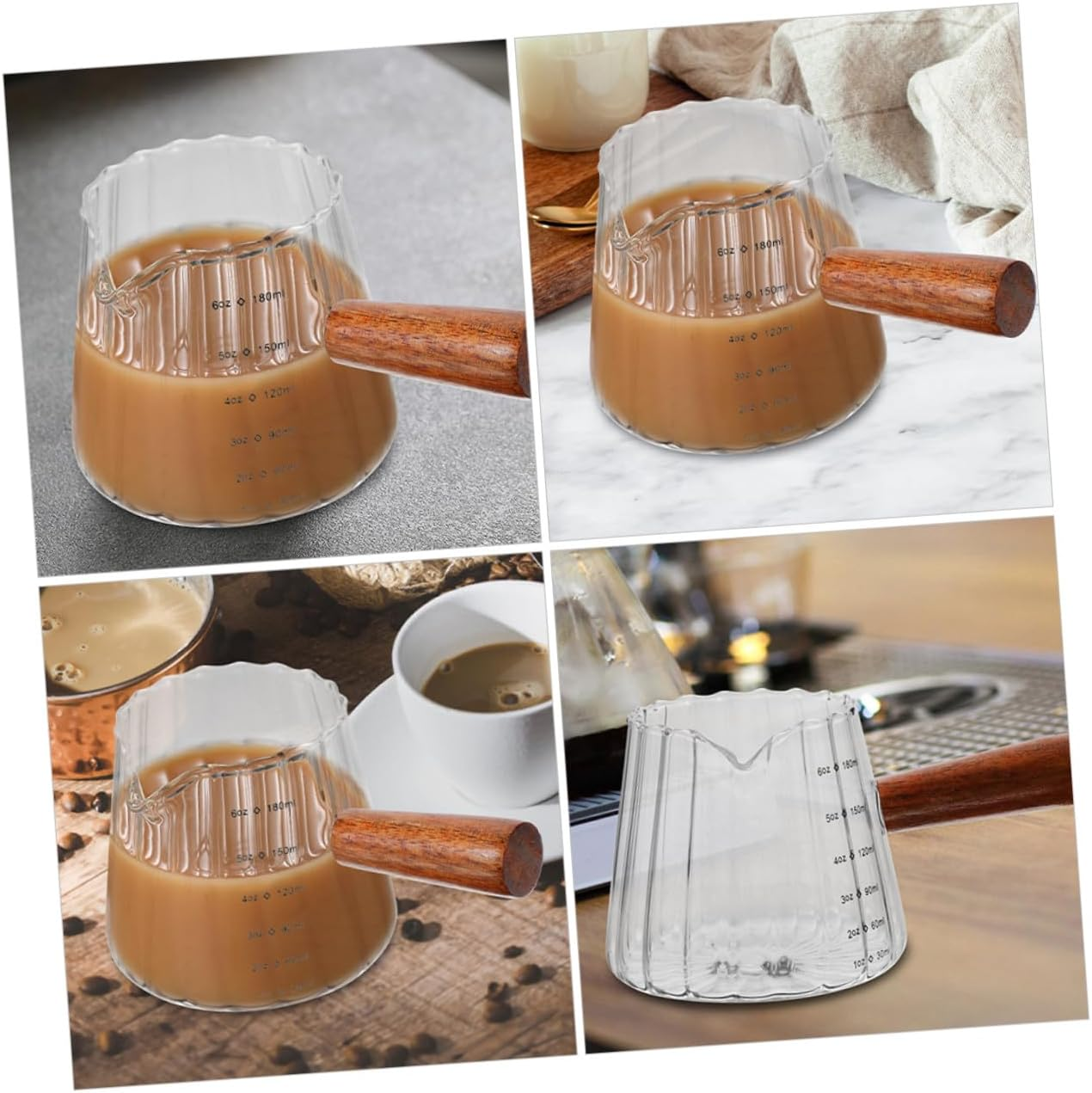 GLEAVI 2Pcs Glass Espresso Measuring Cups with Wooden Handle Milk Frothing Pitchers for Coffee Portion Control Heat-Resistant Mixing Jugs for Home Bar image number 2