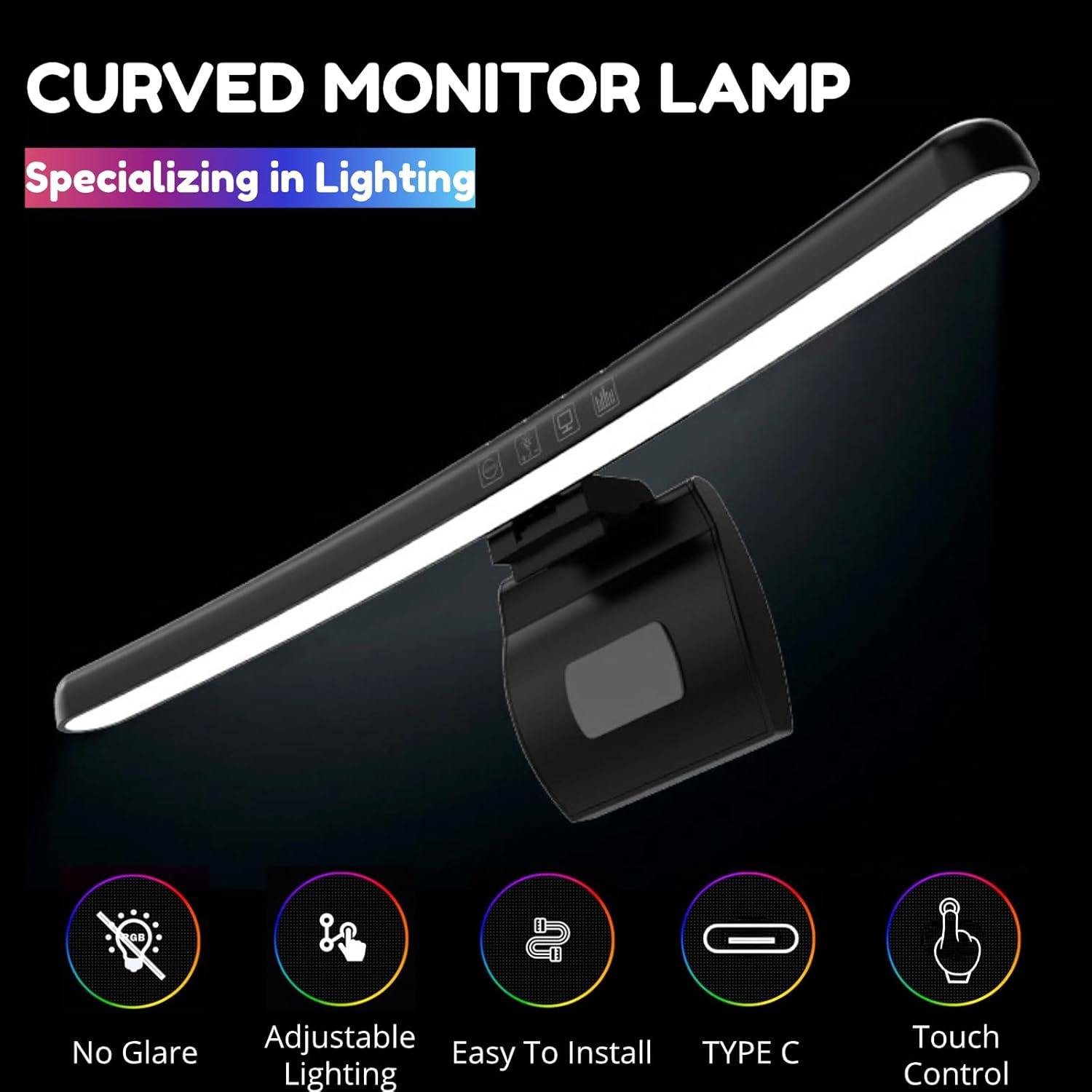 Computer Monitor Lamp Bar, 7 Color RGB Asymmetric Optical Touch Dimming Screen Monitor Light Bar, Eye Caring Timer Reading LED Lamp for Curved Screen image number 2