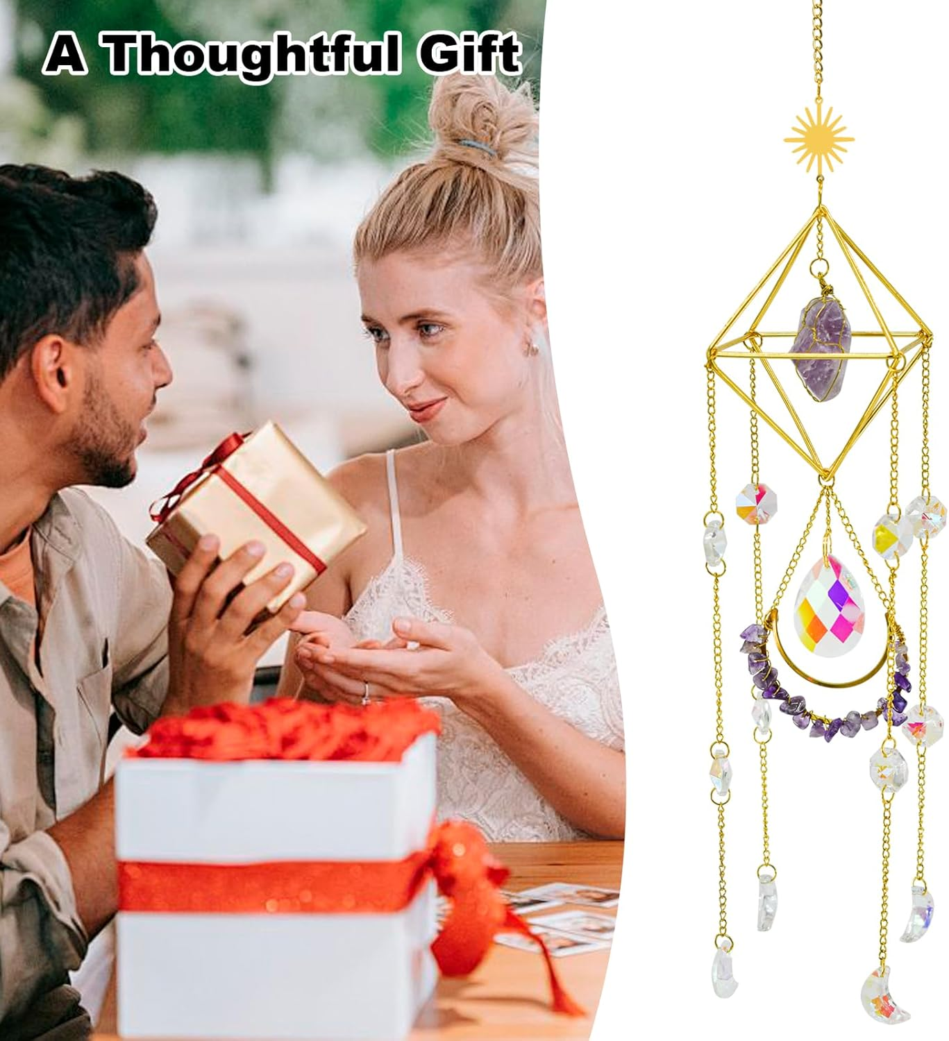 Mrmrkura Crystal Suncatcher for Windows Hanging with Chain, Gold Sun Catchers with Crystals Rainbow Maker Wind Chime Crystal Ornament for Home Indoor Decor (Amethyst)