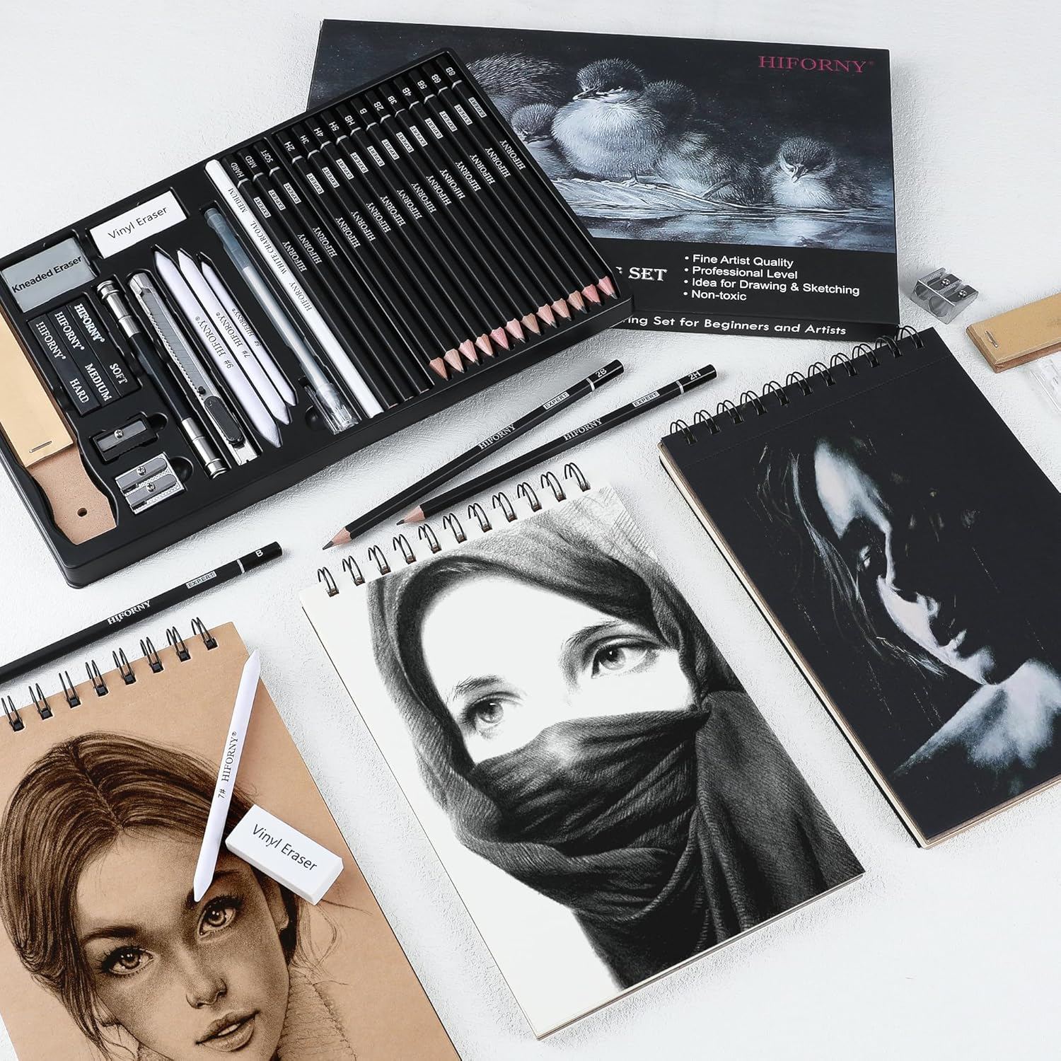 HIFORNY 30 PCS Sketching Drawing Pencil Set,Sketch Pencils Art Supplies with Graphite,Charcoal,Blending Tools,Accessories,Drawing Kit for Adults Artists image number 3
