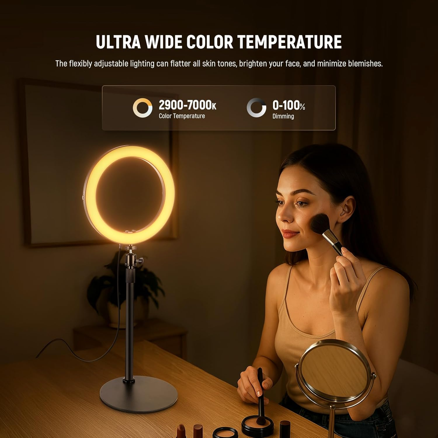 NEEWER 10" 20W LED Ring Light with Desk Stand Phone Holder for Iphone Laptop, Bi Color 2900K-7000K, USB C PD Input, CRI97+ 1660Lx/0.5M, Selfie Makeup Tiktok Recording Video Conference Lighting, RH10B image number 4