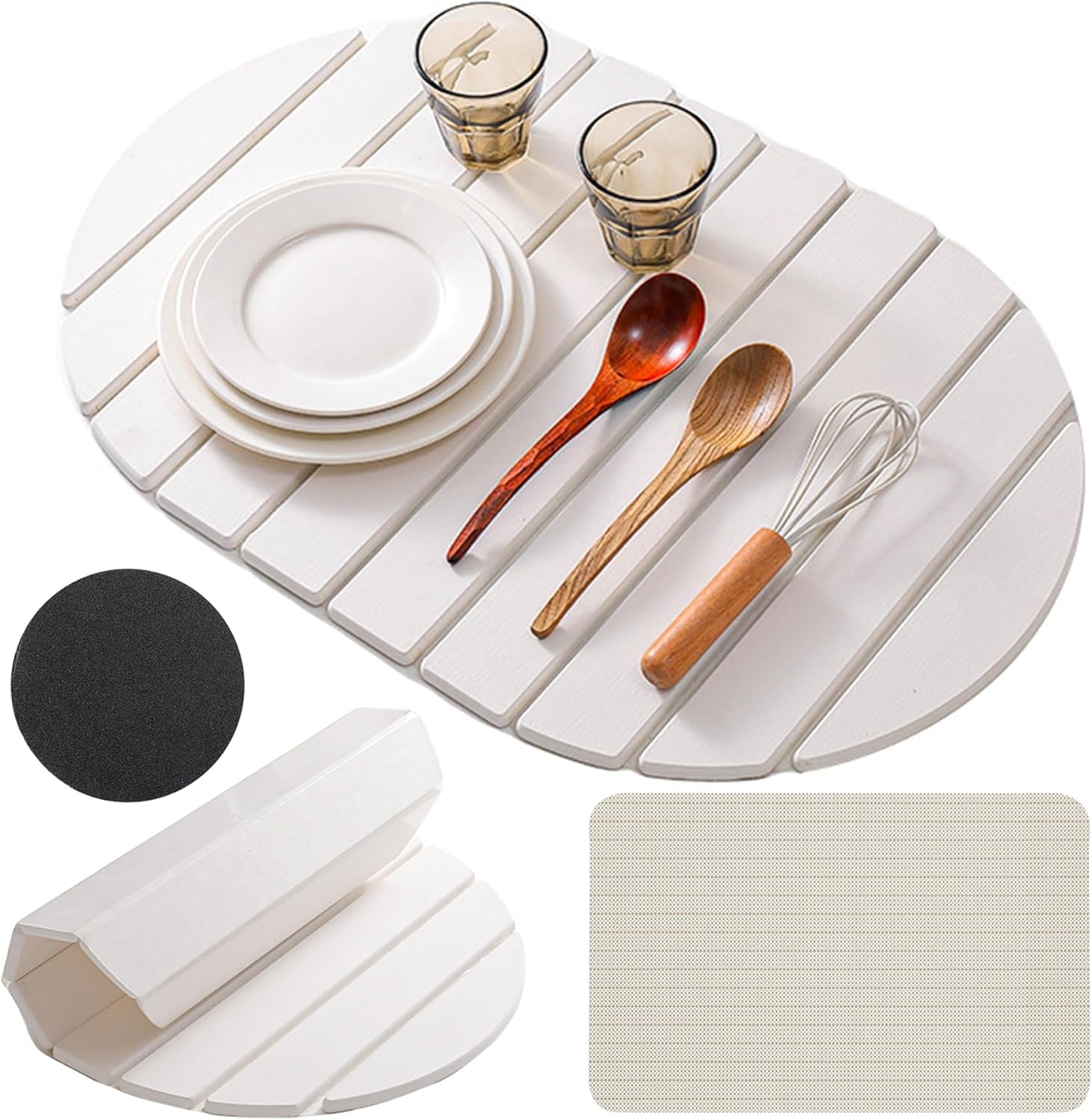 Diatomaceous Earth Dish Drying Mat, Fast Dry Stone Kitchen Counter Pad, Foldable Large Absorbent Dish Drying Stone Mat for Kitchen Dishes Bottles Cups Bathroom Any Countertop (White-Ellipse, 60X39Cm)