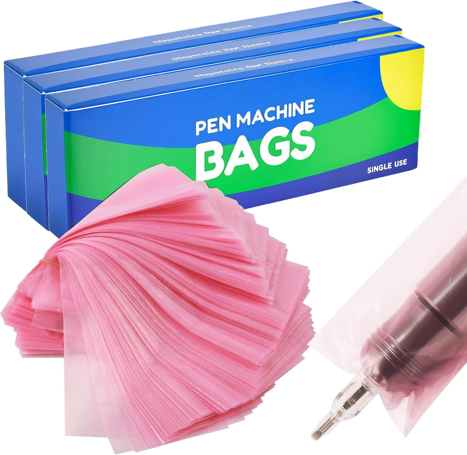 Machine Pen Covers Grip Tape 200Pcs - 200Pcs Machine Covers Pink Tattoo Pen Bags Combination Grip Self-Adherent Tape Pen Sleeves Tattoo Supplies image number 2