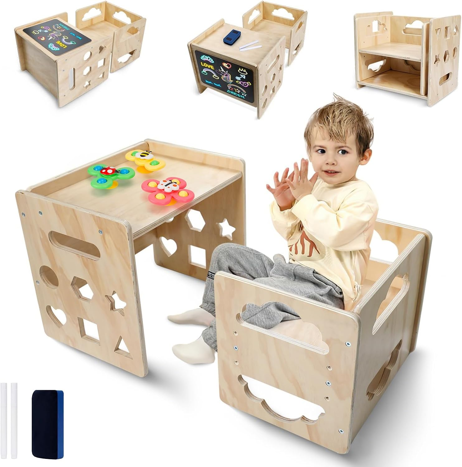 Kids Table and Chair Set Wooden Toddler Table and Chair Set Baby Activity Table with Blackboard Kids Activity Table Step Stools Kid Table Chair for Eating Drawing Reading image number 3