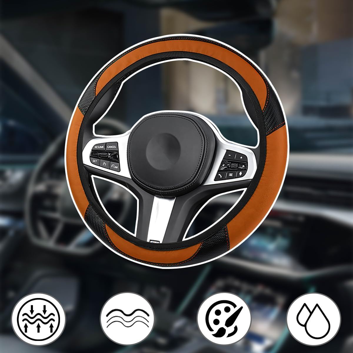 Bittwee Car Steering Wheel Cover, Anti-Slip PU Leather & Carbon Fiber Steering Wheel Protector, Universal 14.5-15 Inch, Automotive Interior Accessories, Fit for Most Cars Suvs (Orange) image number 5