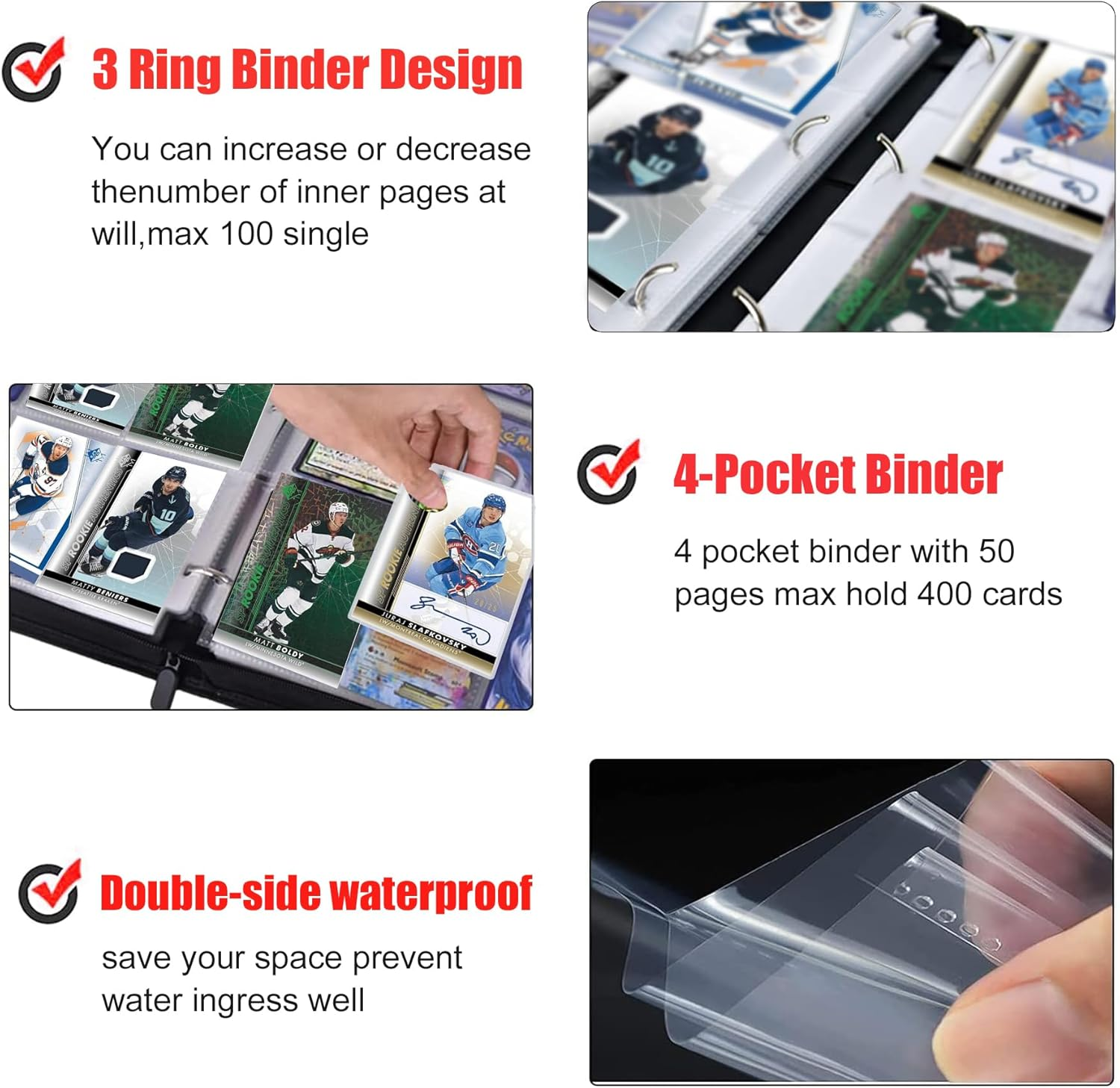 400 Pockets Hockey Card Binder for Trading Cards 2024-2025 Collectors, Portable Waterproof Storage Book with Removable Sleeves, Compatible with Football, Sports Game and TCG Cards image number 3