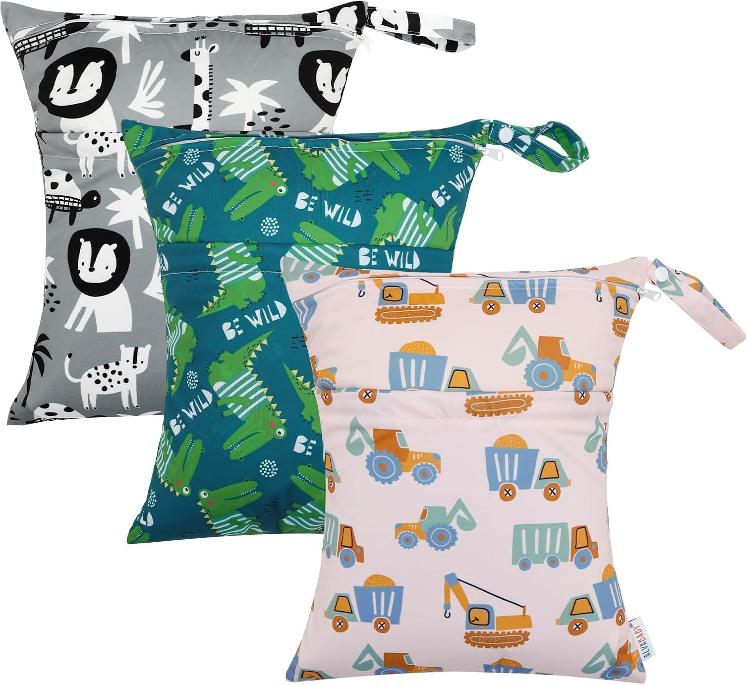 ALVABABY Cloth Diaper Wet Dry Bags Waterproof Reusable with Two Zippered Pockets Travel Beach Pool Daycare Soiled Baby Items Yoga Gym Bag for Swimsuits or Wet Clothes 3 Packs 3L-ZM11-AU