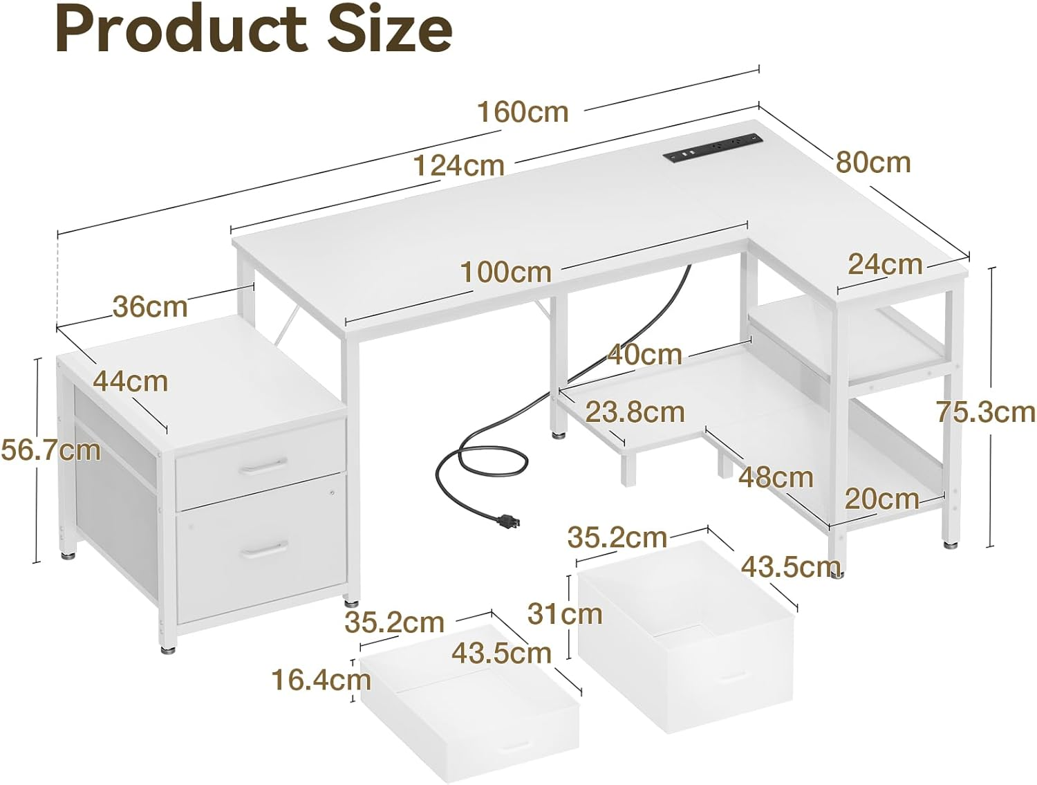 ODK 63Inch L Shaped Computer Desk with Power Outlet & Large File Drawer, Home Office Desk with Reversible Storage Shelves,Corner Desk for Home Office Bedroom Study Work,160 * 80 * 75.7Cm, White