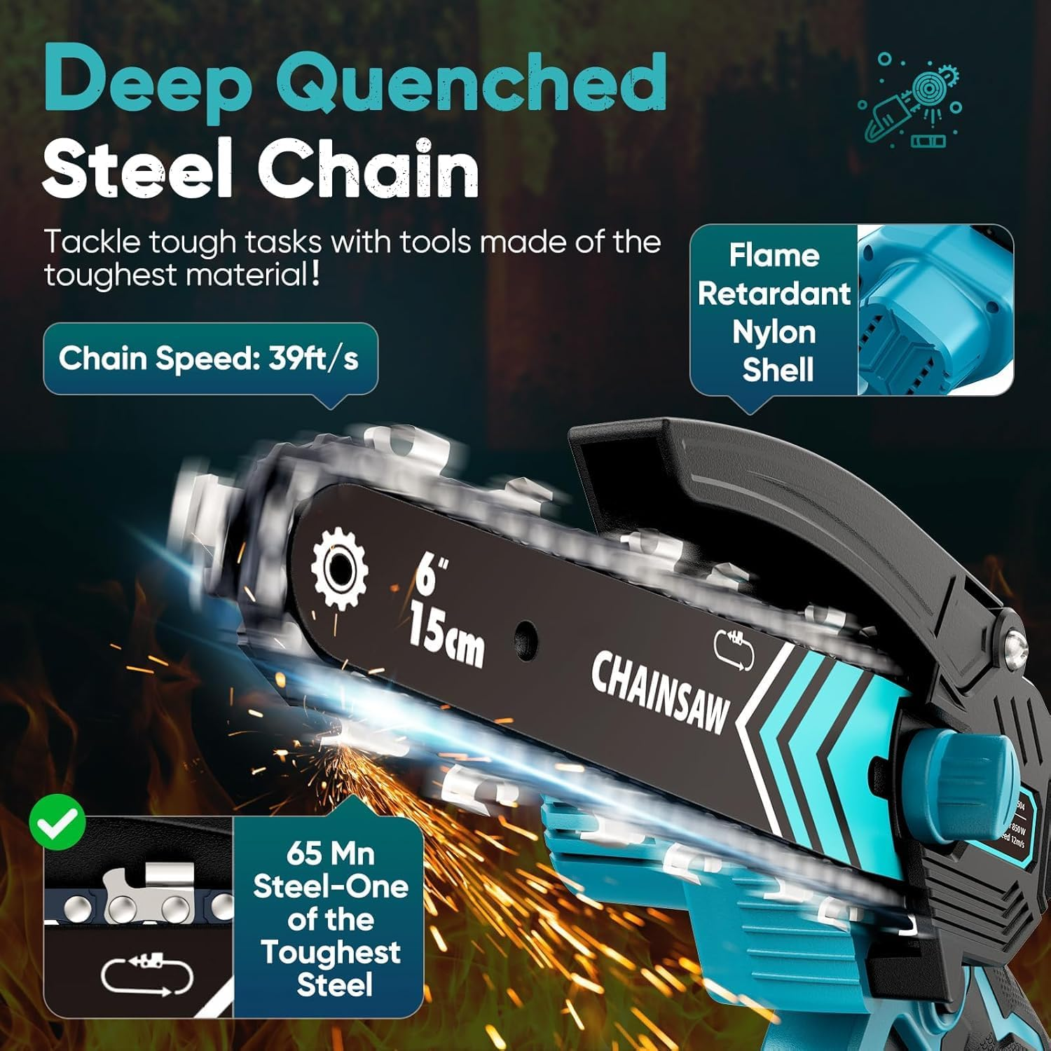 Mini Chainsaw Cordless 6 Inch, Handhled Chainsaw with 2 Batteries & Auto Oiling System, Electric Chain Saw for Tree/Wood Cutting, Christmas Birthday Gifts for Men Dad Him Stocking Stuffers image number 1