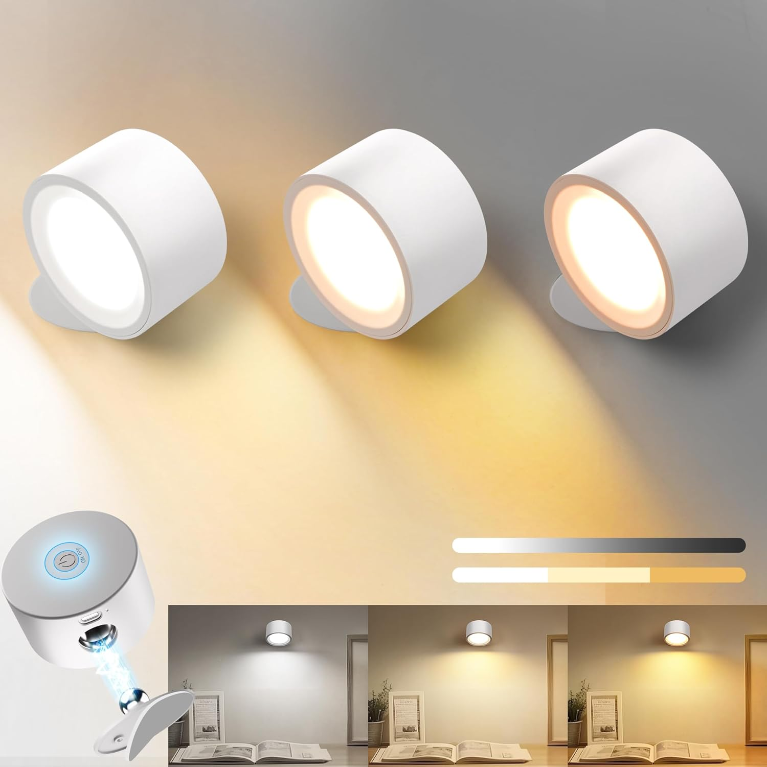 LED Wall Sconces Battery Operated 360&deg; Rotation Decor Wall Mounted Cordless Lights, 3 Color Temperatures & Dimmable, Wireless Magnetic Picture Lights Bedside Wall Lamps Bedroom, Livingroom-Black