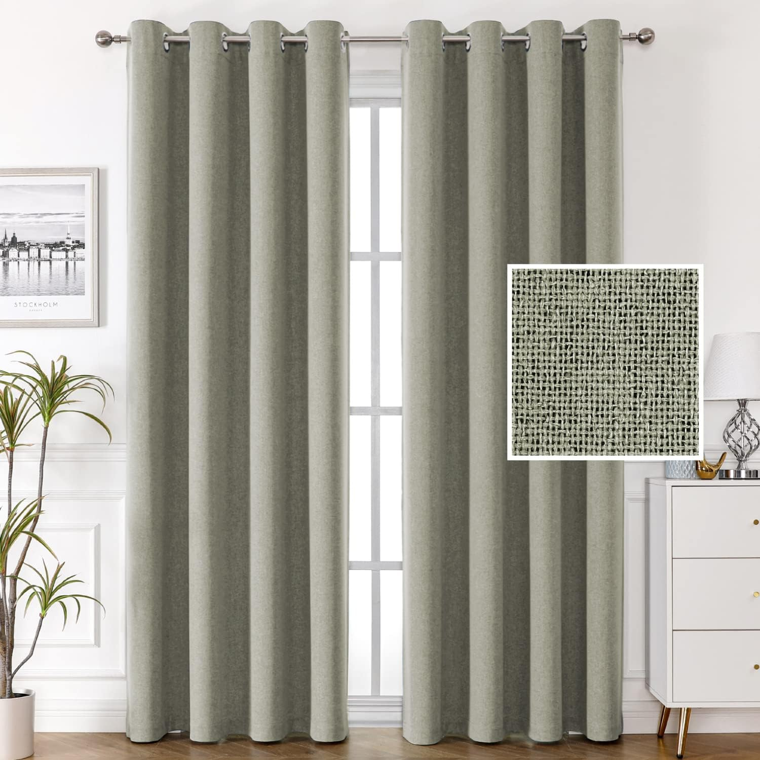 H.VERSAILTEX 100% Blackout Linen Curtains Thermal Curtains for Living Room Textured Burlap Curtain with Double Face Linen Grommet Soundproof Curtains Each W132Cm X D243Cm, 2 Panels -Heather Taupe