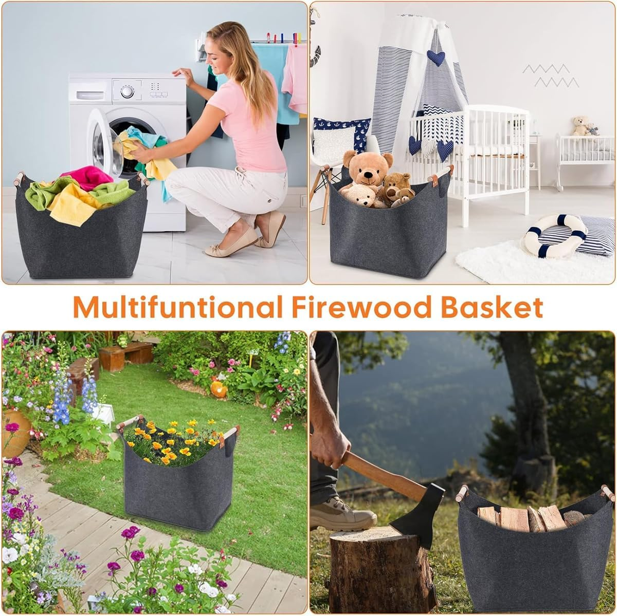 AIMALL Felt Firewood Basket with Wooden Handles, 17.71 X 15.74 X 12.59 Inch Felt Storage Bag, Durable Handbag for Firewood, Toys, and Blanket Organisation image number 1