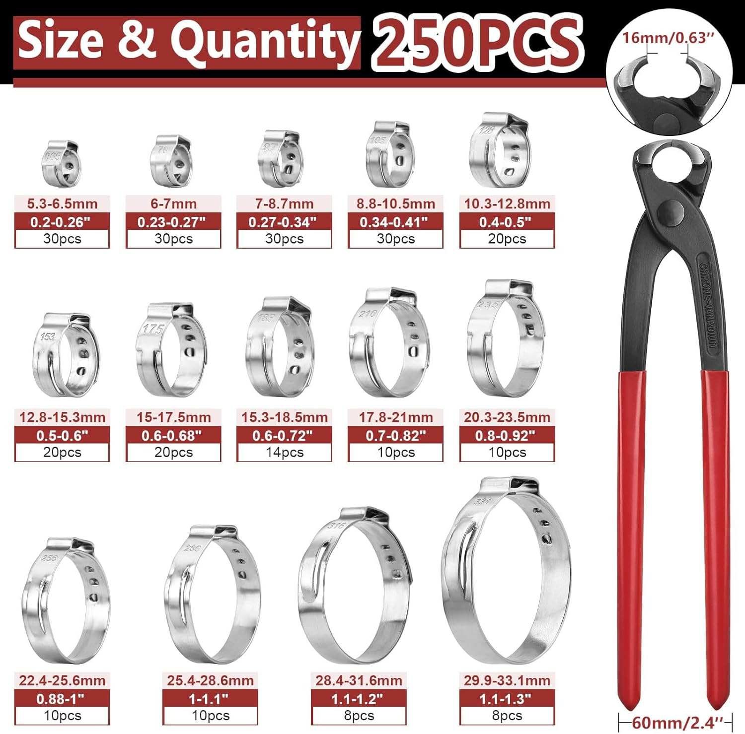 250 PCS 14 Sizes Single Ear Hose Clamp, 5.3-33.1Mm 304 Stainless Steel Ear Clamp Kit with Ear Clamp Pincer, Stepless Hose Clamps Cinch Rings for Automotive, Home Appliance Line and Plumbing
