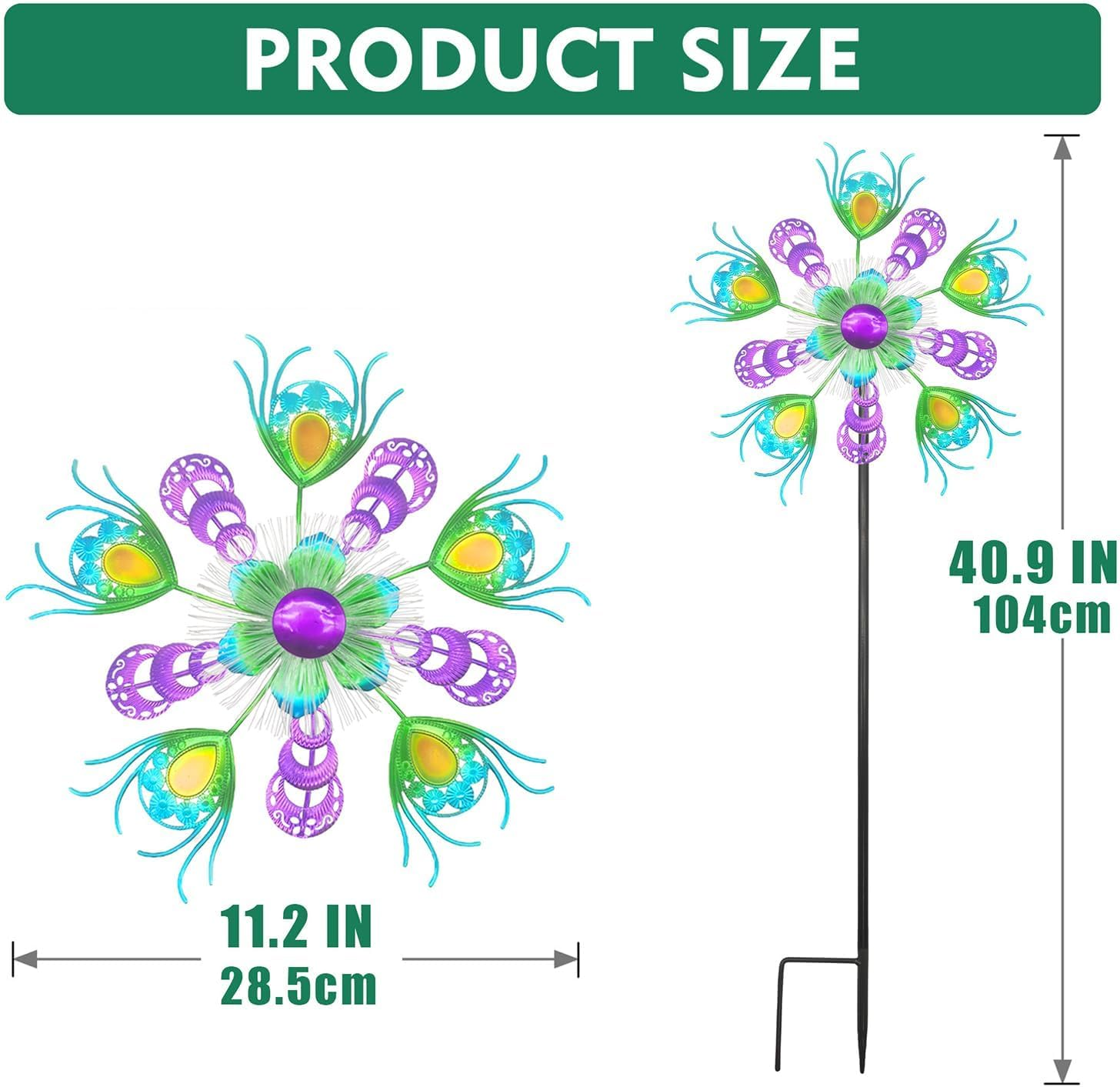 Solar Peacock Wind Spinners for Yard and Garden, 40 Inch Solar Windmill Garden Whirligig Kinetic Spinners Decor for Lawn,Patio&Yard, Metal Whirligigs Green Wind Spinners Outdoor image number 1