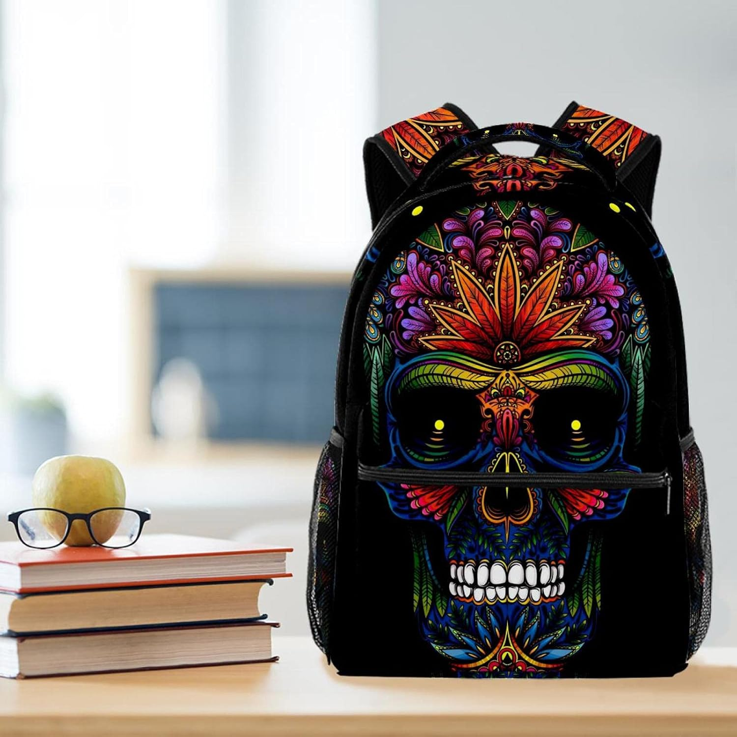 Floral Skull on Black Background Backpack Students Shoulder Bags Travel Bag College School Tote Backpacks