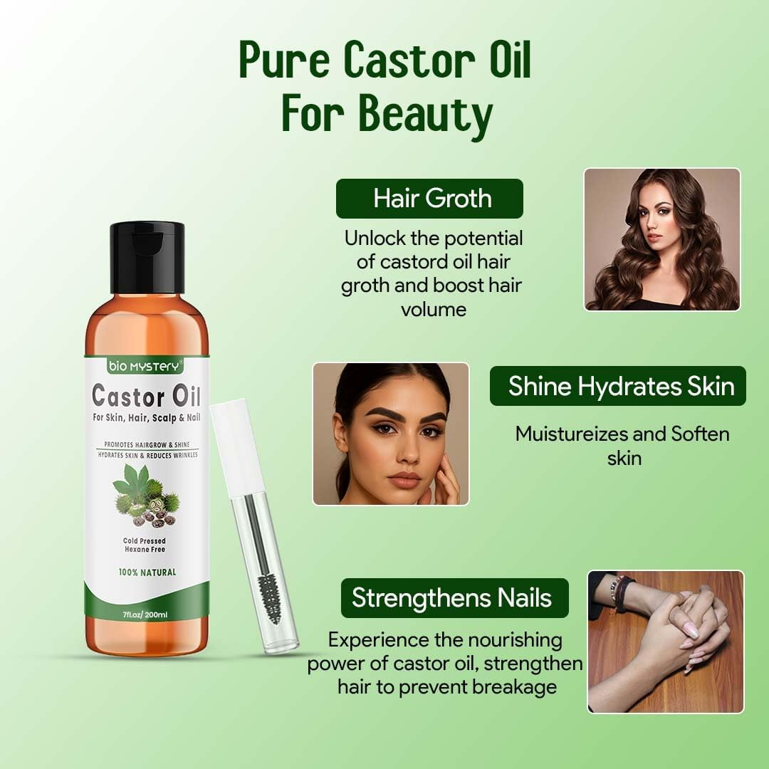 100% Pure Natural Castor Oil Cold Pressed, Hexane-Free, Unrefined Arandi Oil for Hair, Eyebrows, Thicker Eyelashes, Skin Moisturiser with Liner Brush (200Ml/6.8 Oz) image number 2